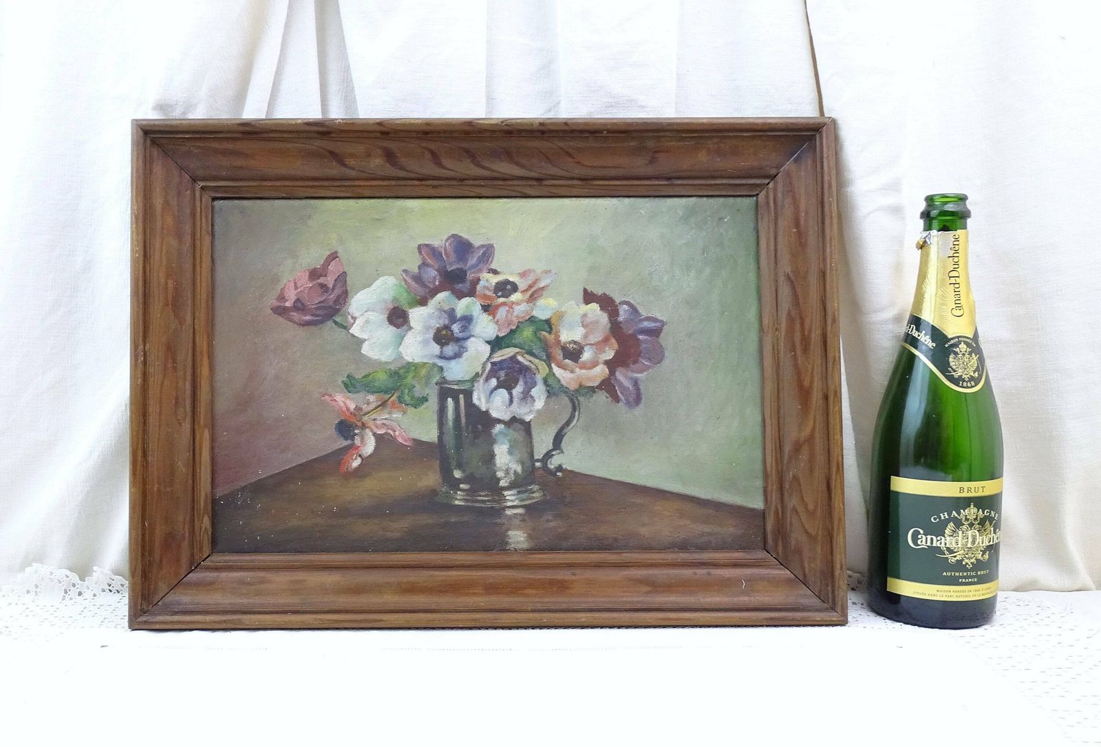 Vintage Frans Ingelijst Handgeschilderd Olieverf Op Doek – Bloemenstilleven Met Roze, Paarse En Witte Bloemen, Frankrijk photo for sale