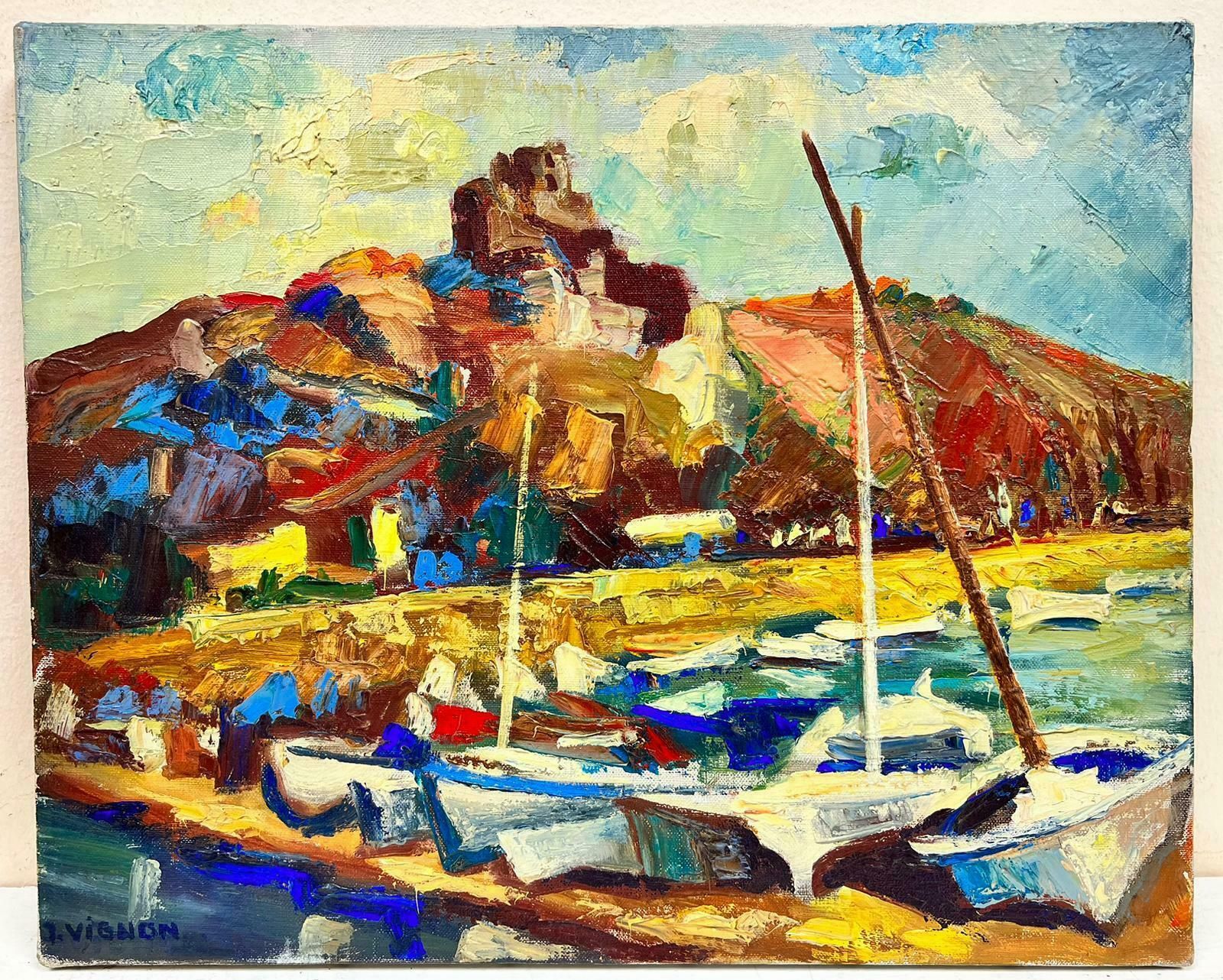 Josine Vignonvibrant Boats At The French Harbour Impressionist Signed Thick Oil Impasto1960's photo furniture
