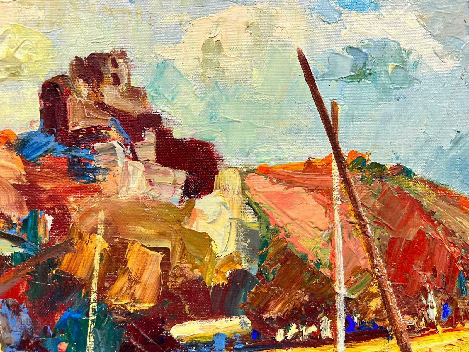Josine Vignonvibrant Boats At The French Harbour Impressionist Signed Thick Oil Impasto1960's photo 1431.0