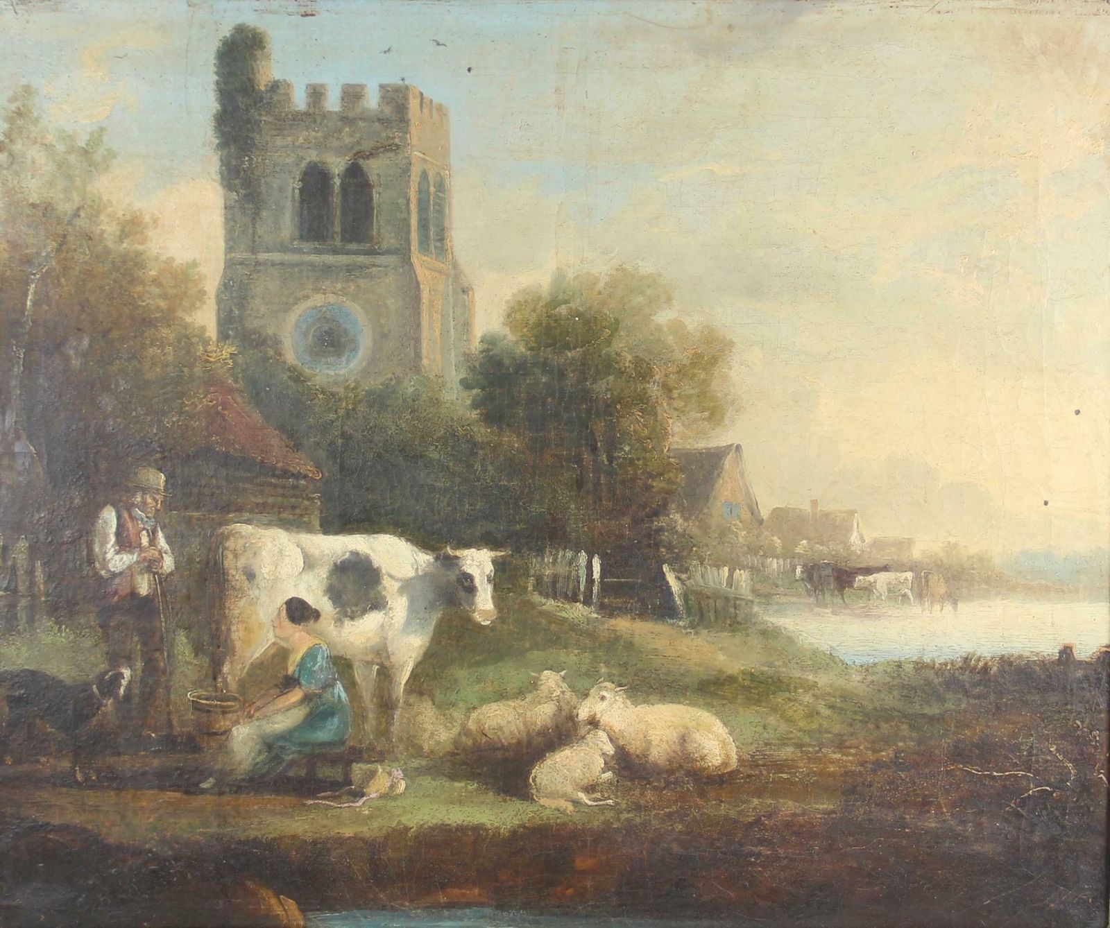 19th Century English School Early Victorian Oil Painting Cow Milking On A Riverbank With Church Beyond photo furniture