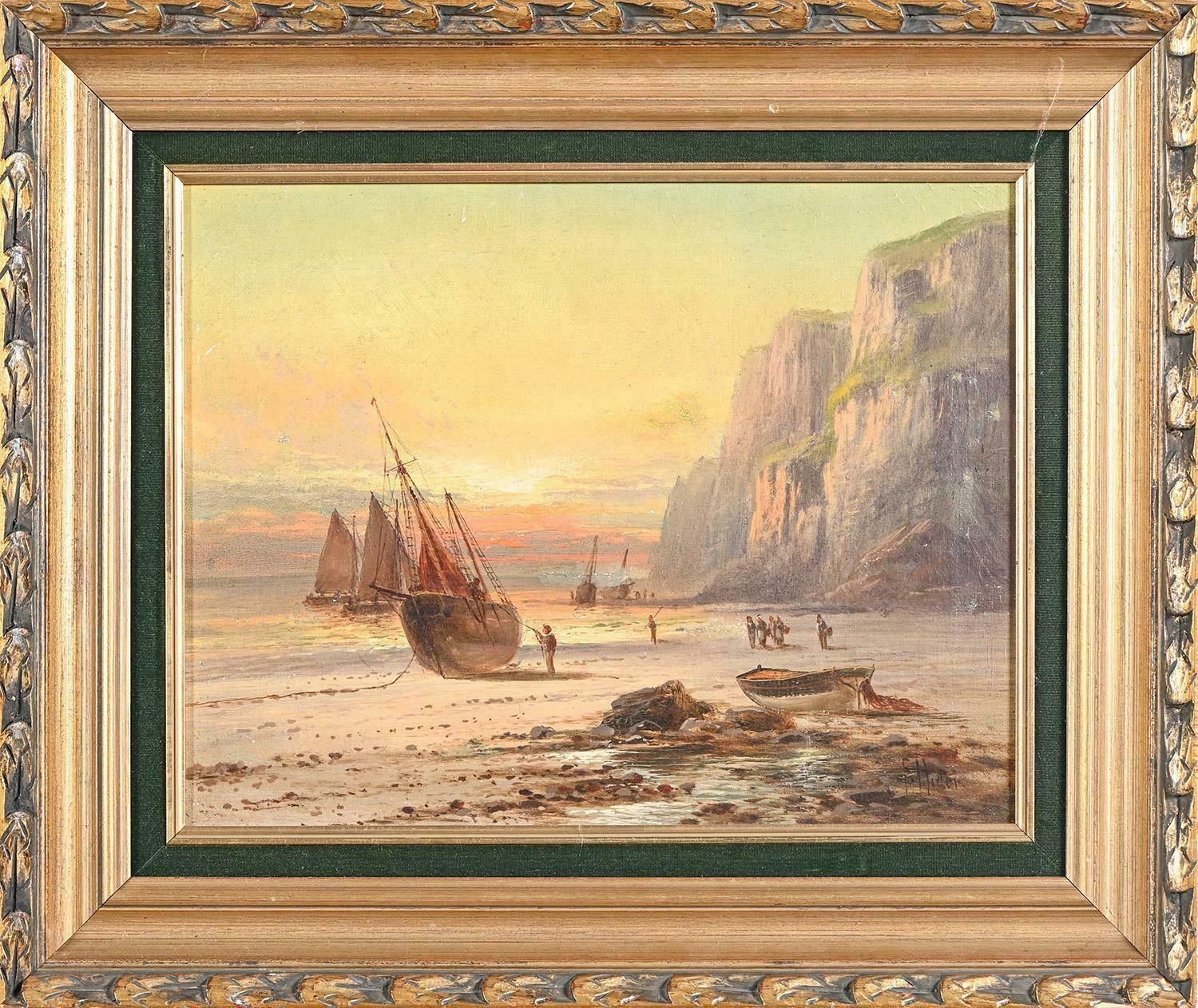 Frank Hiderantique English Oil Painting Fisherfolk On Coastal Rocky Shoreline At Sunset