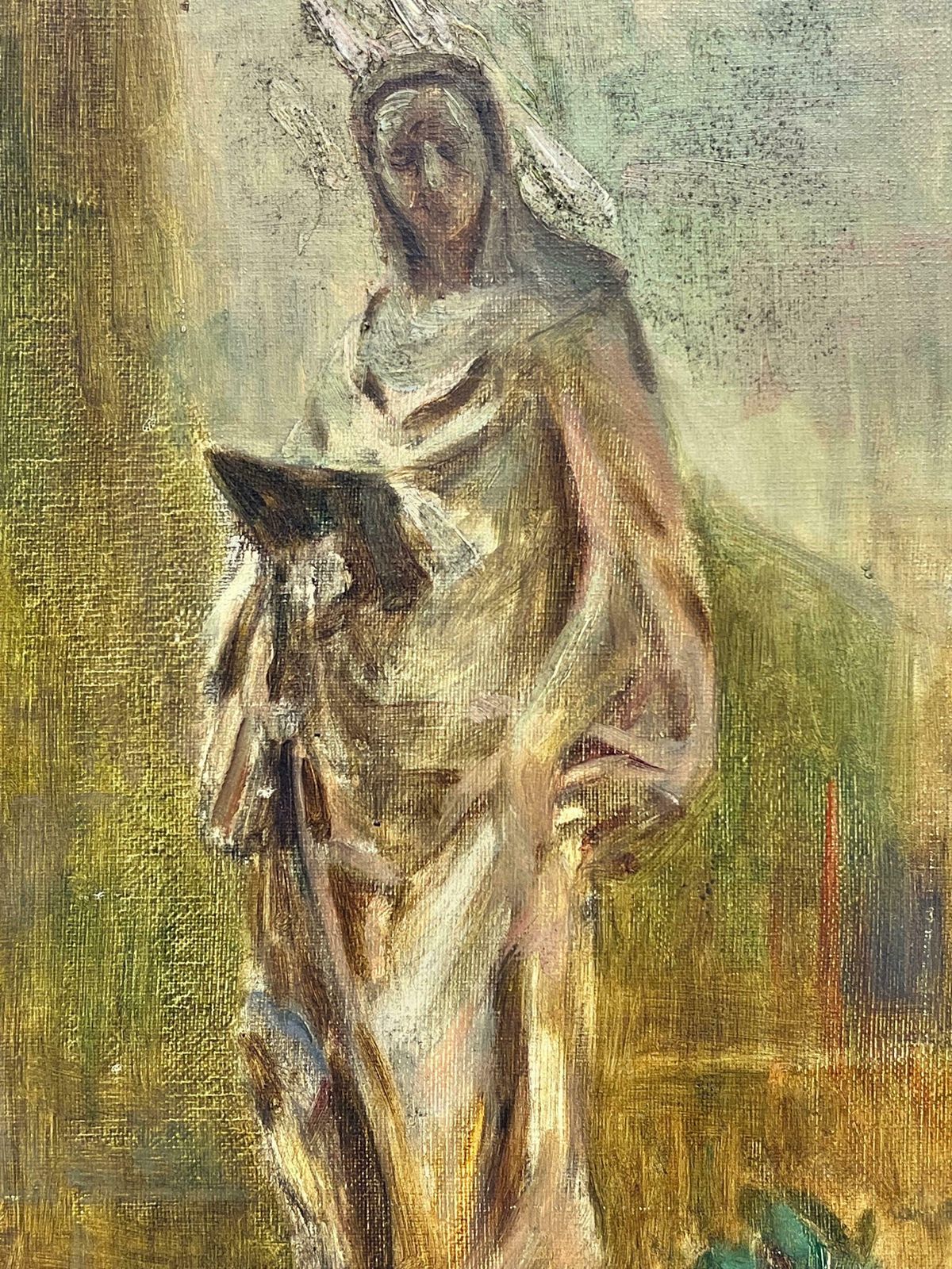 20th Century French1930's French Signed Oil Portrait Of A Statue Outside Church Courtyard photo Art