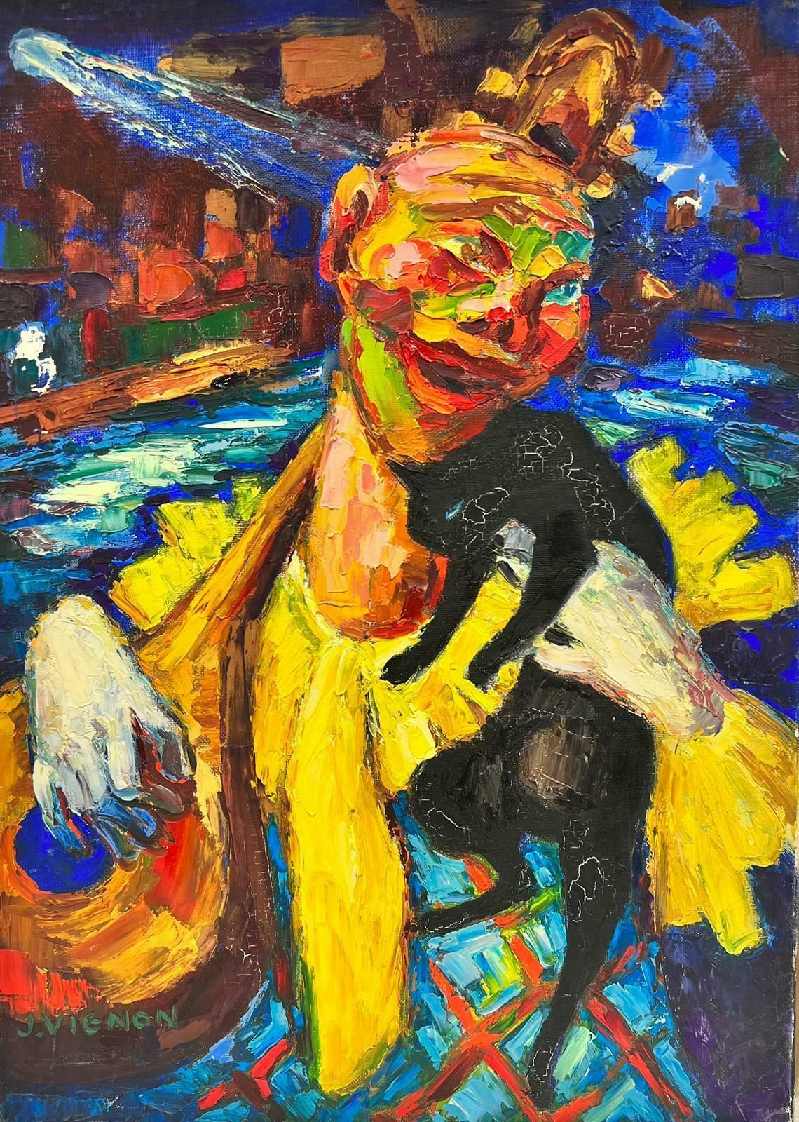 Josine Vignonabstract Clown Character Playing The Tzouras Post Impressionist Signed Oil 1960's