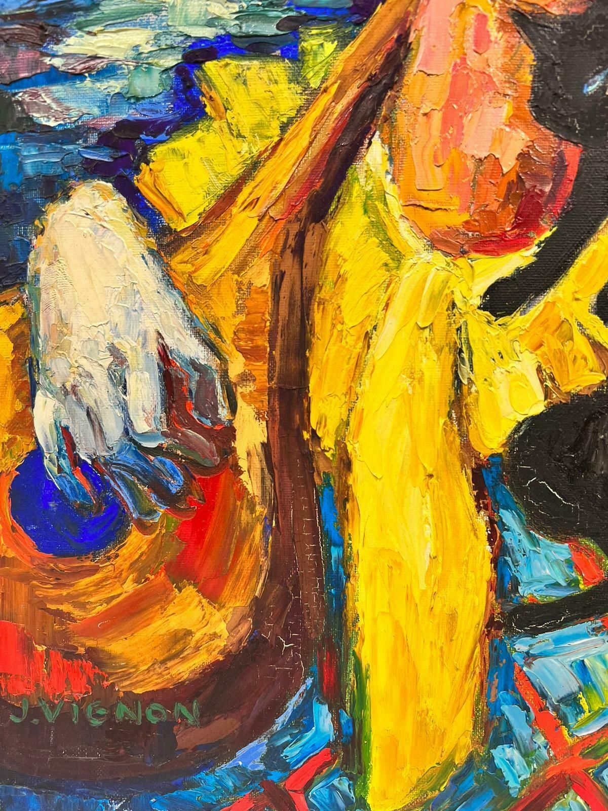 Josine Vignonabstract Clown Character Playing The Tzouras Post Impressionist Signed Oil 1960's photo furniture