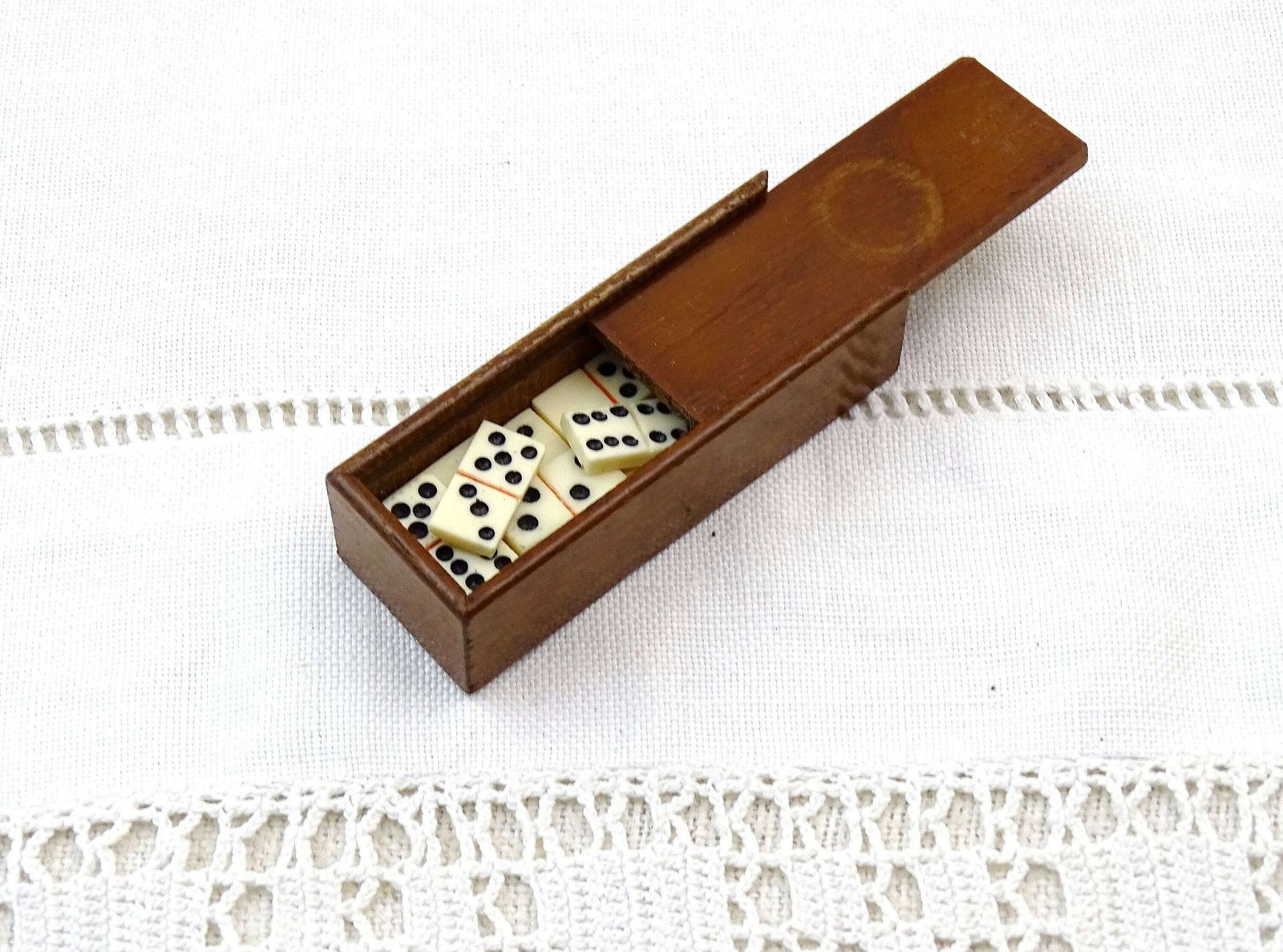 Antique French Miniature Dolls House Domino Incomplete Set Small Mahogany Box With Sliding Lid, Vintage Tiny Rare Toy Tile Dominoes Game photo furniture