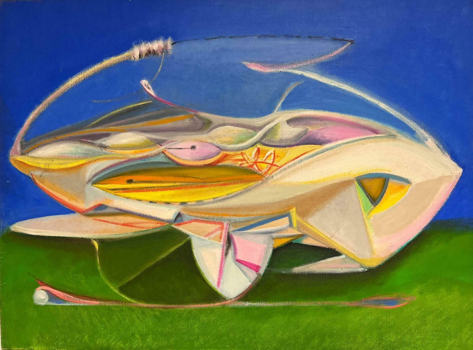 T. Fabris1980’s French Surrealist Signed Oil Painting Abstract Shapes Composition 1984
