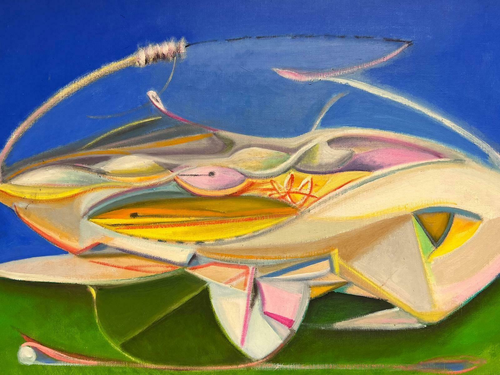 T. Fabris1980’s French Surrealist Signed Oil Painting Abstract Shapes Composition 1984 photo furniture