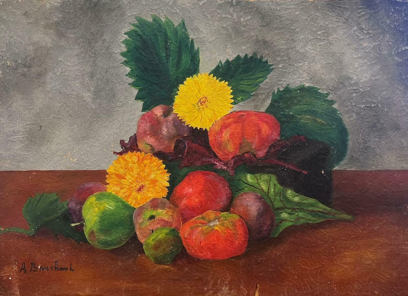 French Schoolvintage French Signed Oil Painting Flowers & Fruit Still Life