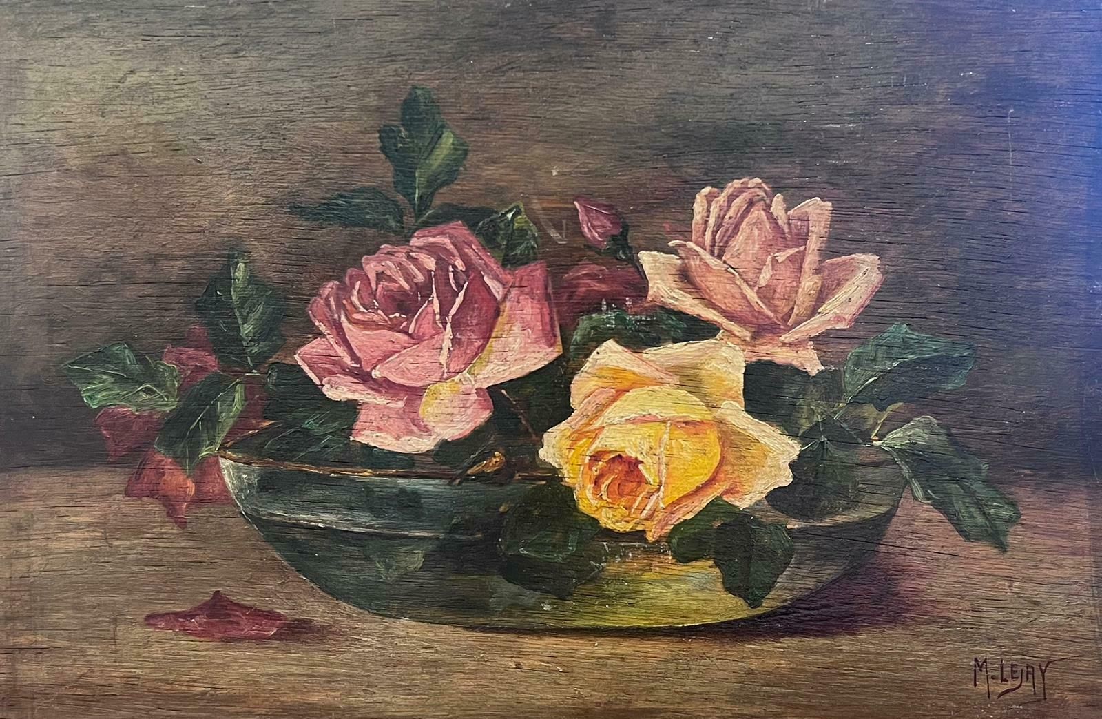 French Schoolvintage Roses Signed French Oil Painting Still Life Flowers In Glass Bowl