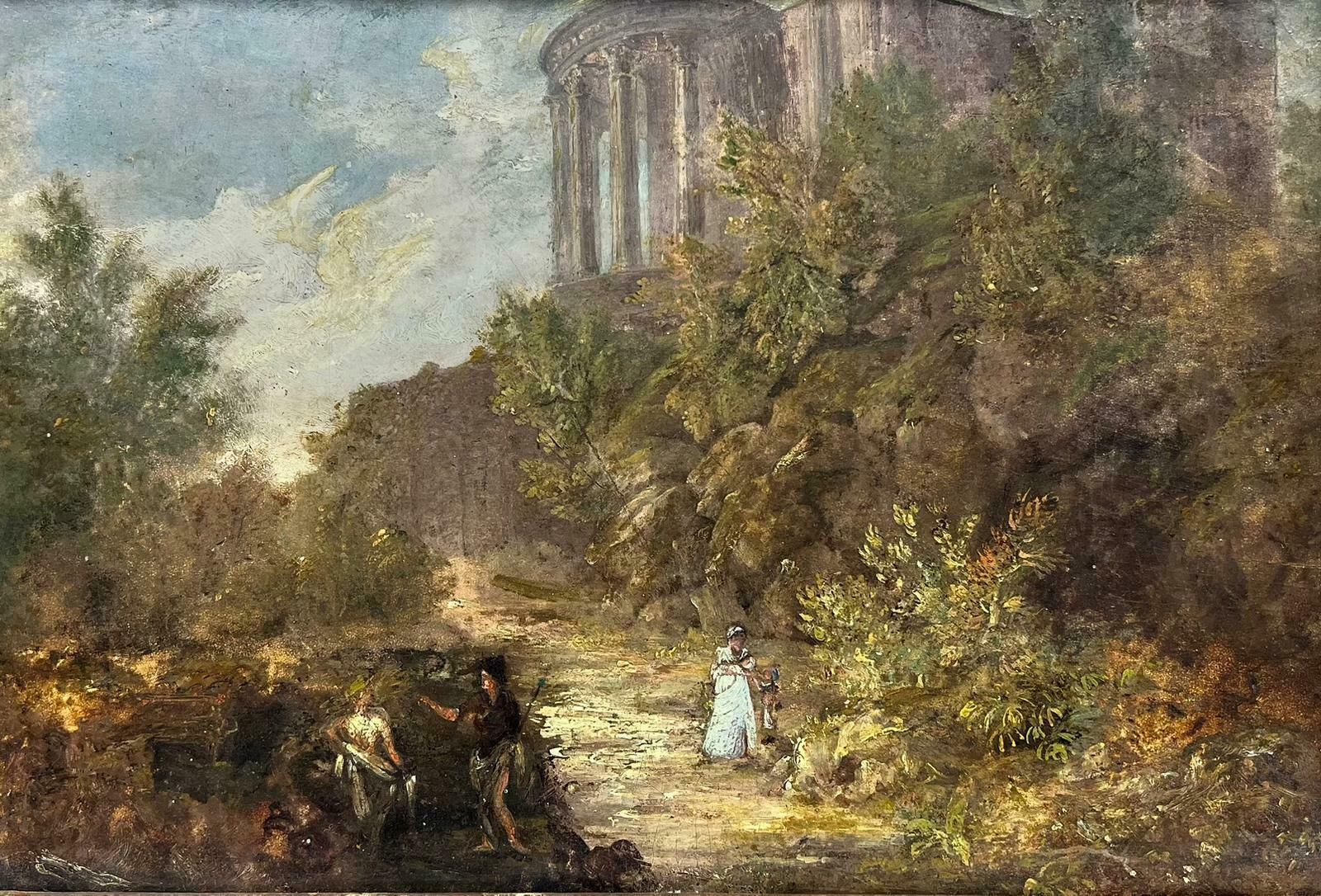 19th Century English Schoolfine Victorian Grand Tour Oil Painting Travellers At Temple Of Vista At Tivoli19th Century