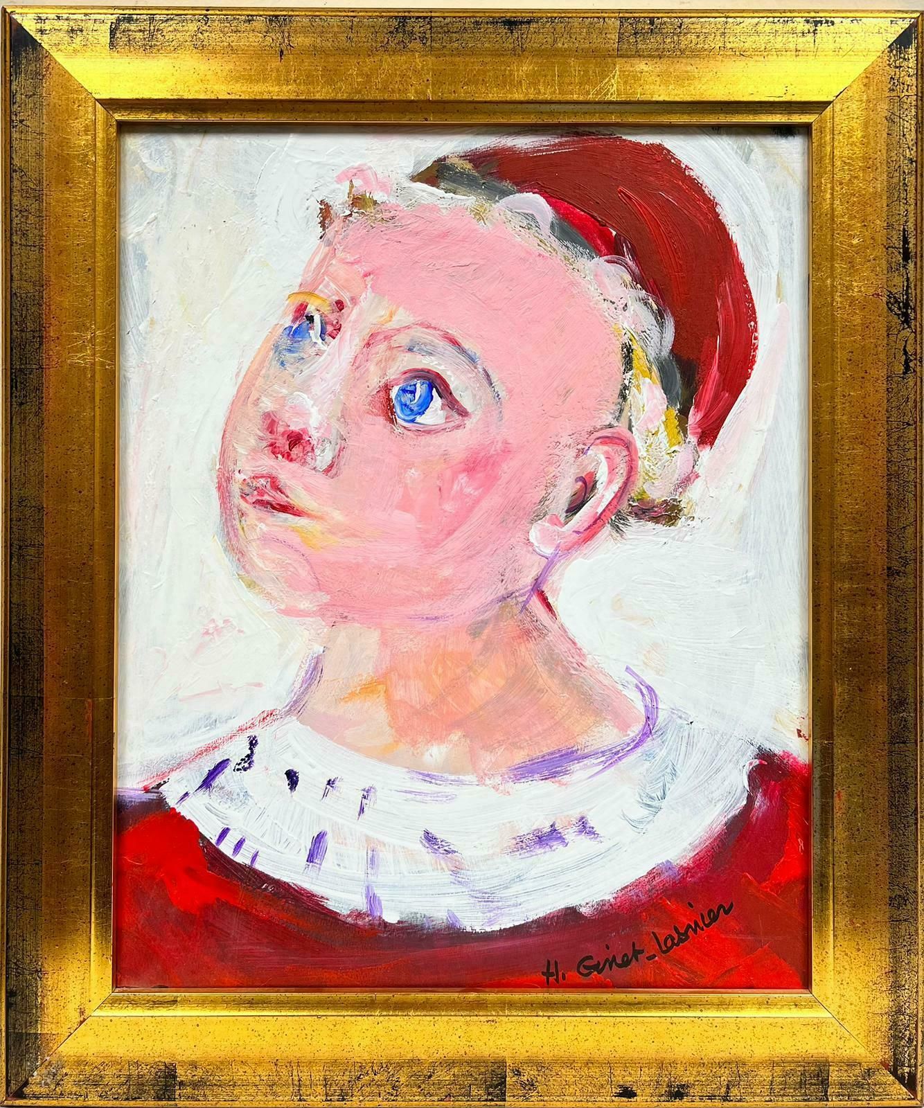 Huguette Ginet Lasnier French Modernist Signed Painting Portrait Of Blue Eyed Young Girl In Red Jacketc. 2000's photo furniture