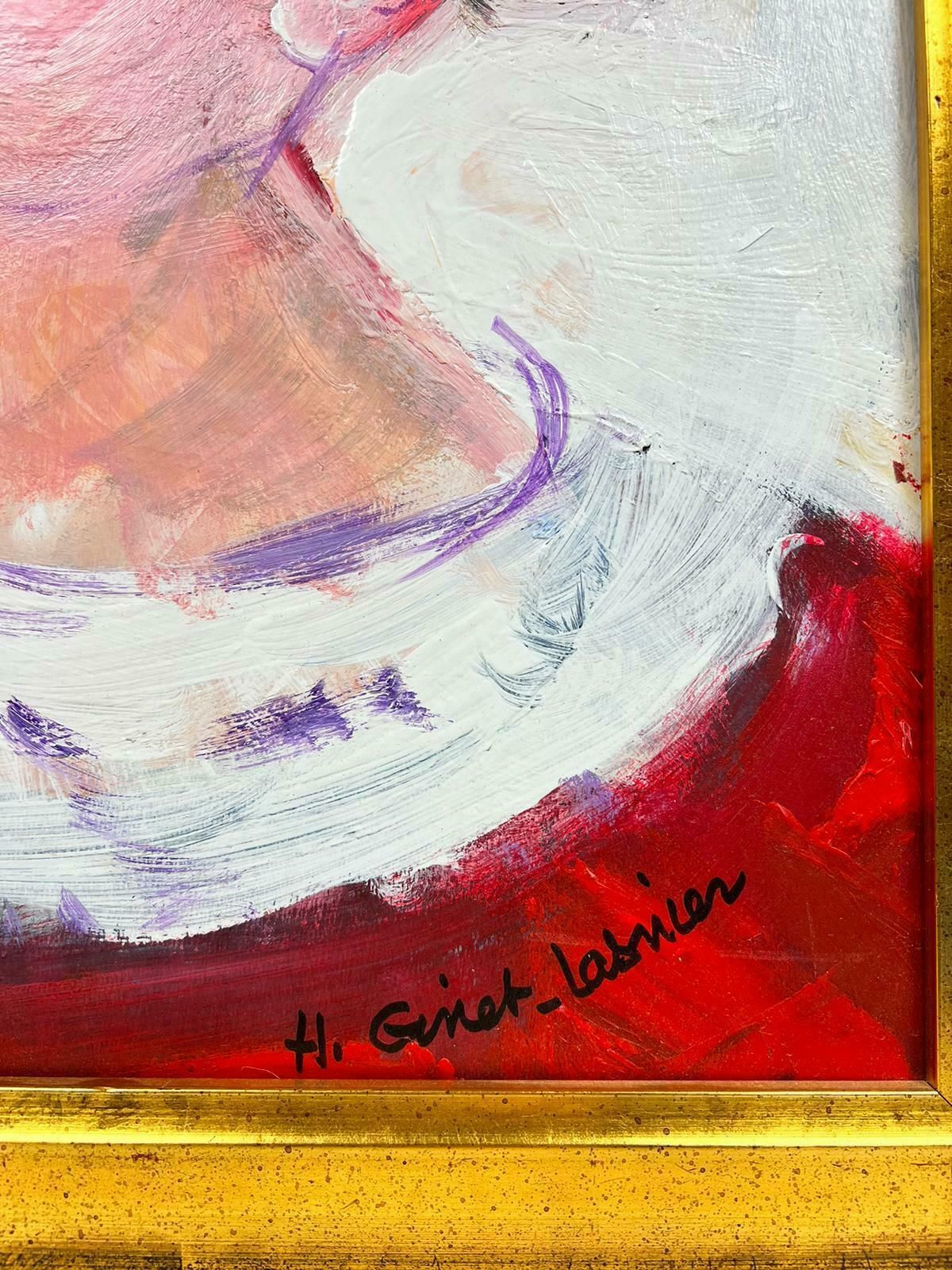 Huguette Ginet Lasnier French Modernist Signed Painting Portrait Of Blue Eyed Young Girl In Red Jacketc. 2000's photo for sale