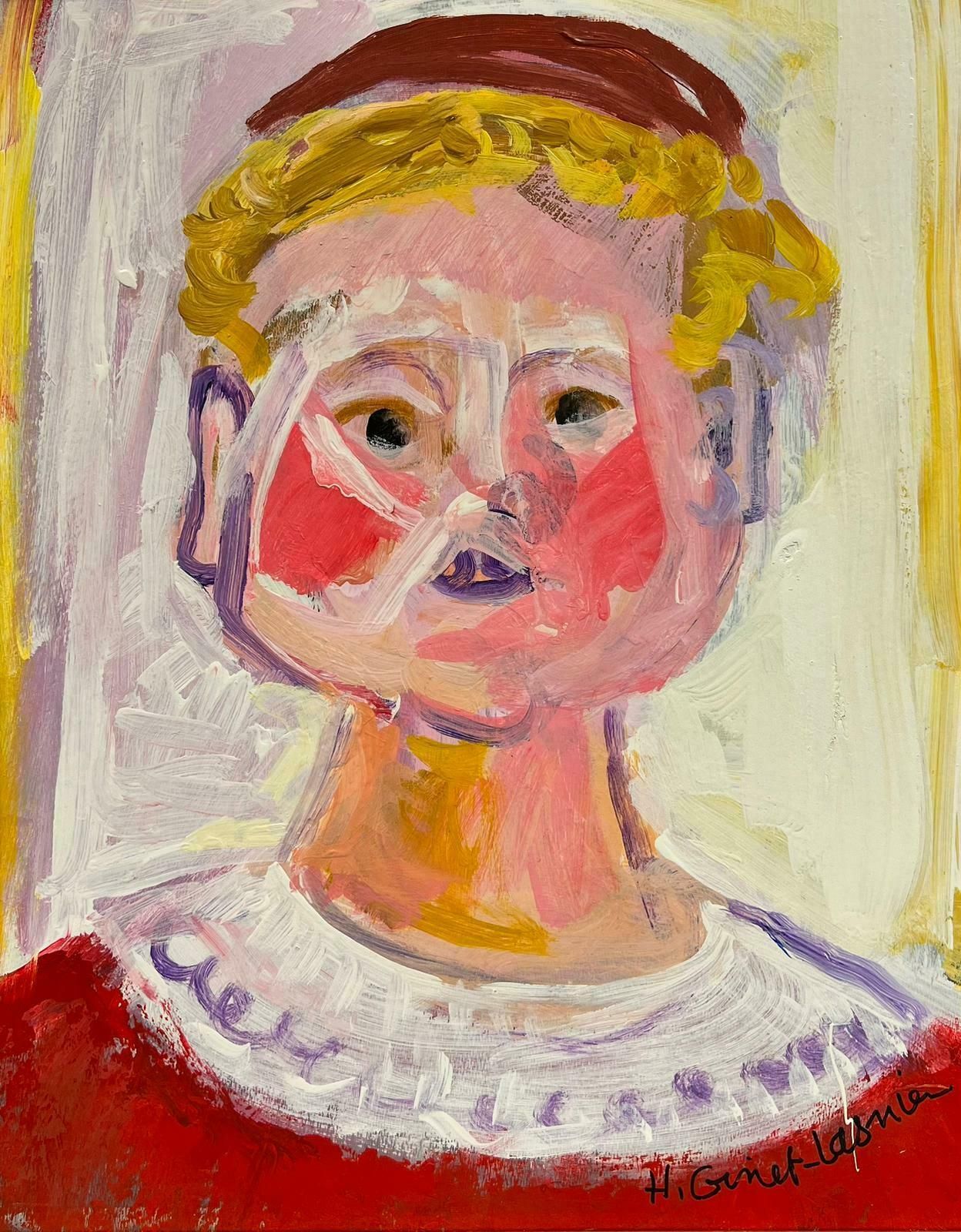 Huguette Ginet Lasnier French Signed Modernist Painting Rosy Cheeked Portrait Figure In Redc. 2000's photo furniture