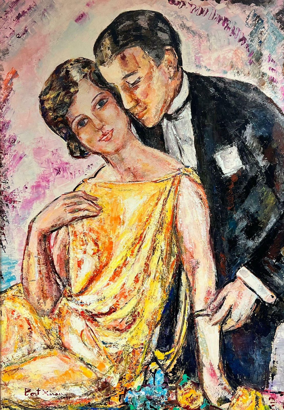 Maria Tort Xirauhuge Spanish/ French Modernist Oil Painting Elegant Couple In Tender Embrace1991