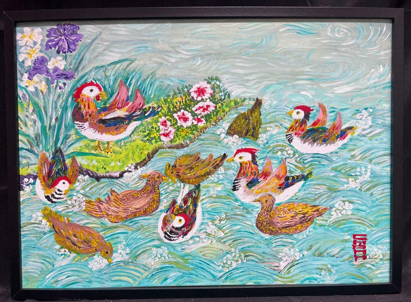 European Artistexotic Oriental Birds Swimming On Pond Signed Post Impressionist Oil Painting photo furniture