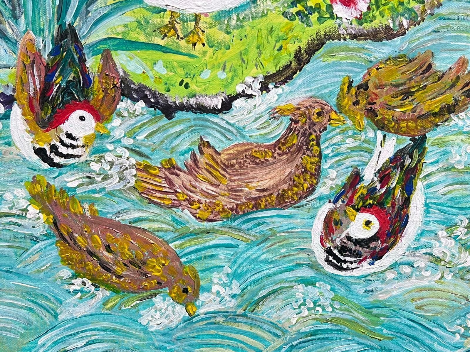 European Artistexotic Oriental Birds Swimming On Pond Signed Post Impressionist Oil Painting photo for sale