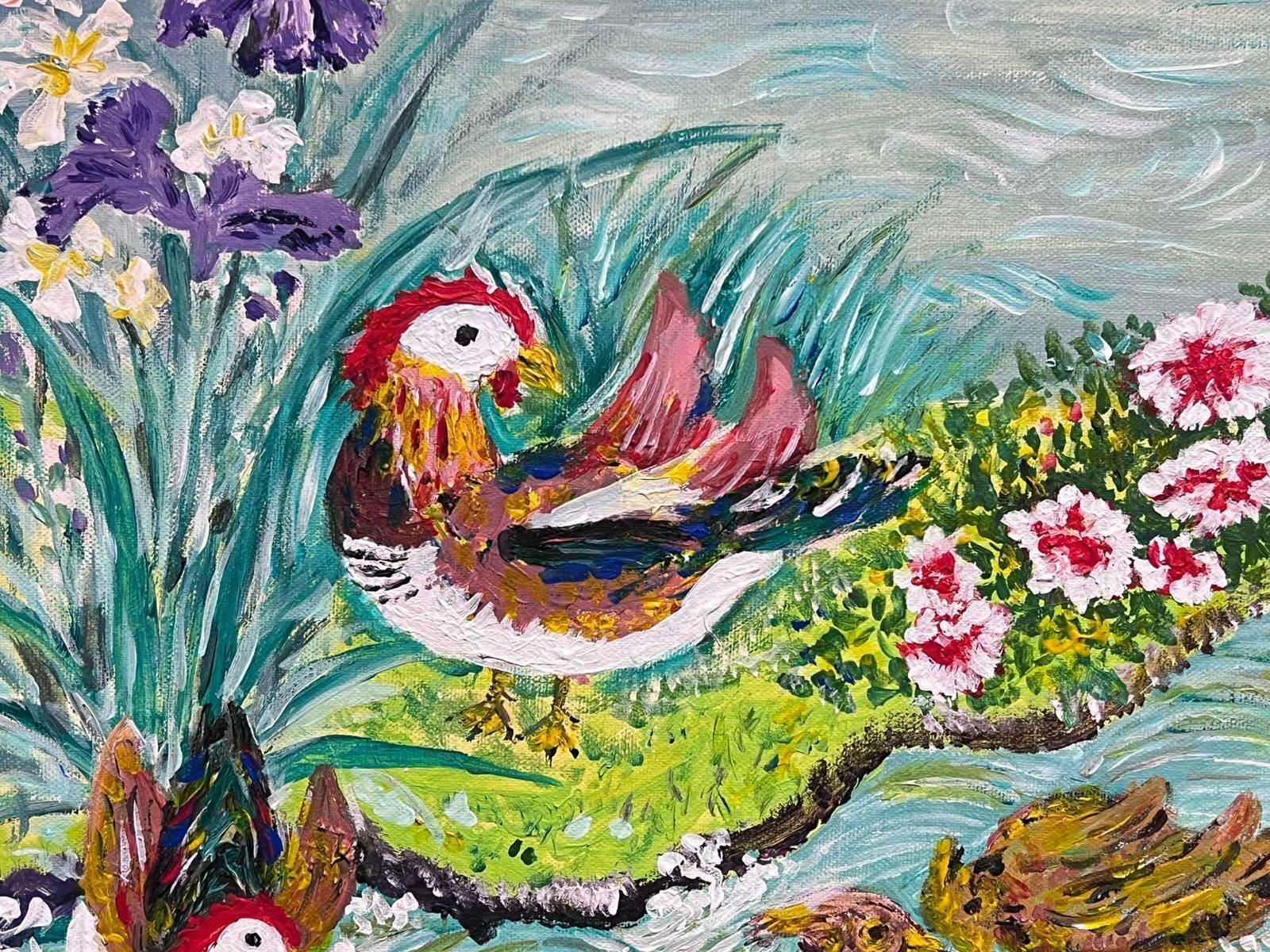 European Artistexotic Oriental Birds Swimming On Pond Signed Post Impressionist Oil Painting photo Art
