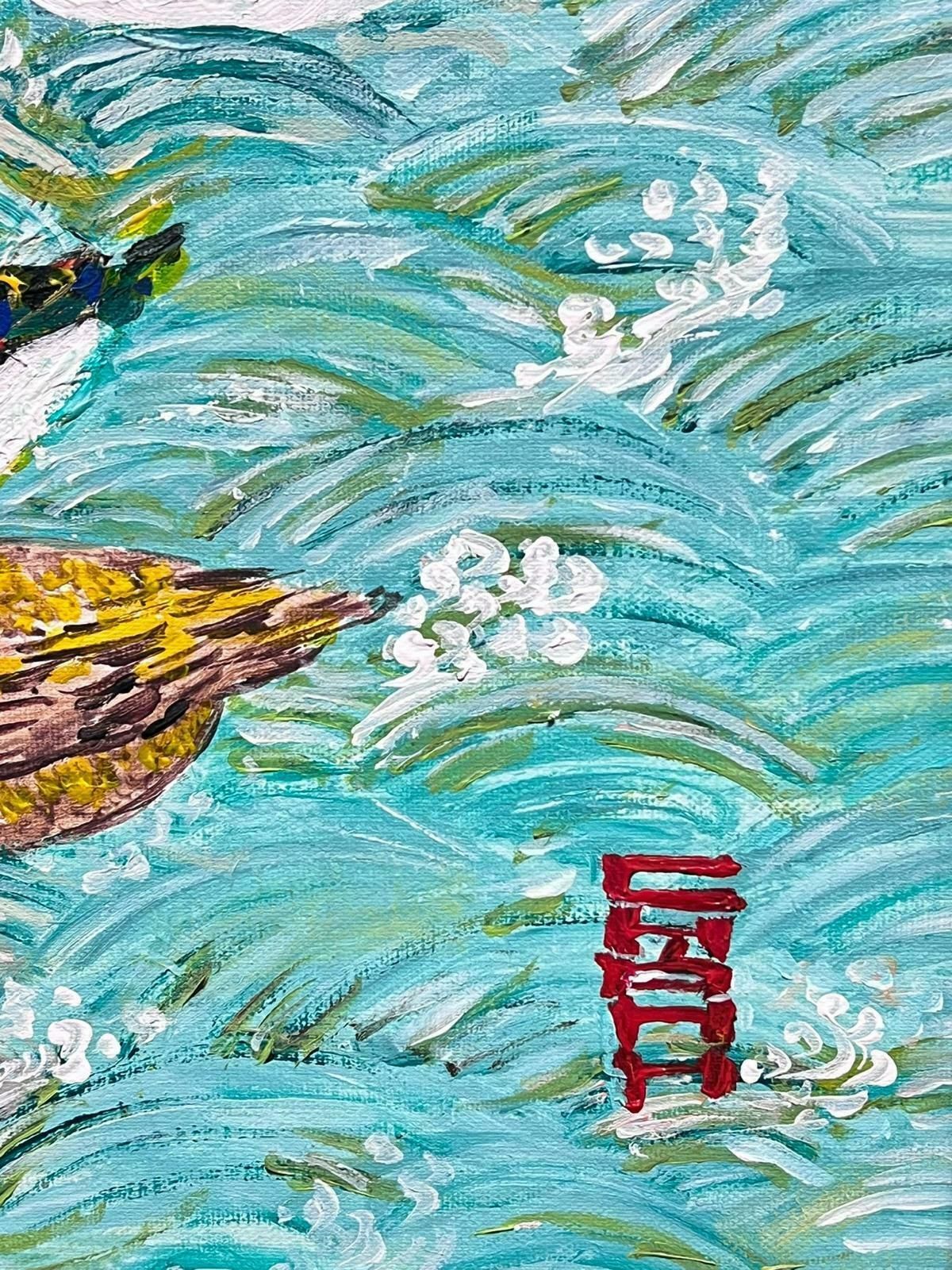 European Artistexotic Oriental Birds Swimming On Pond Signed Post Impressionist Oil Painting photo vinterior