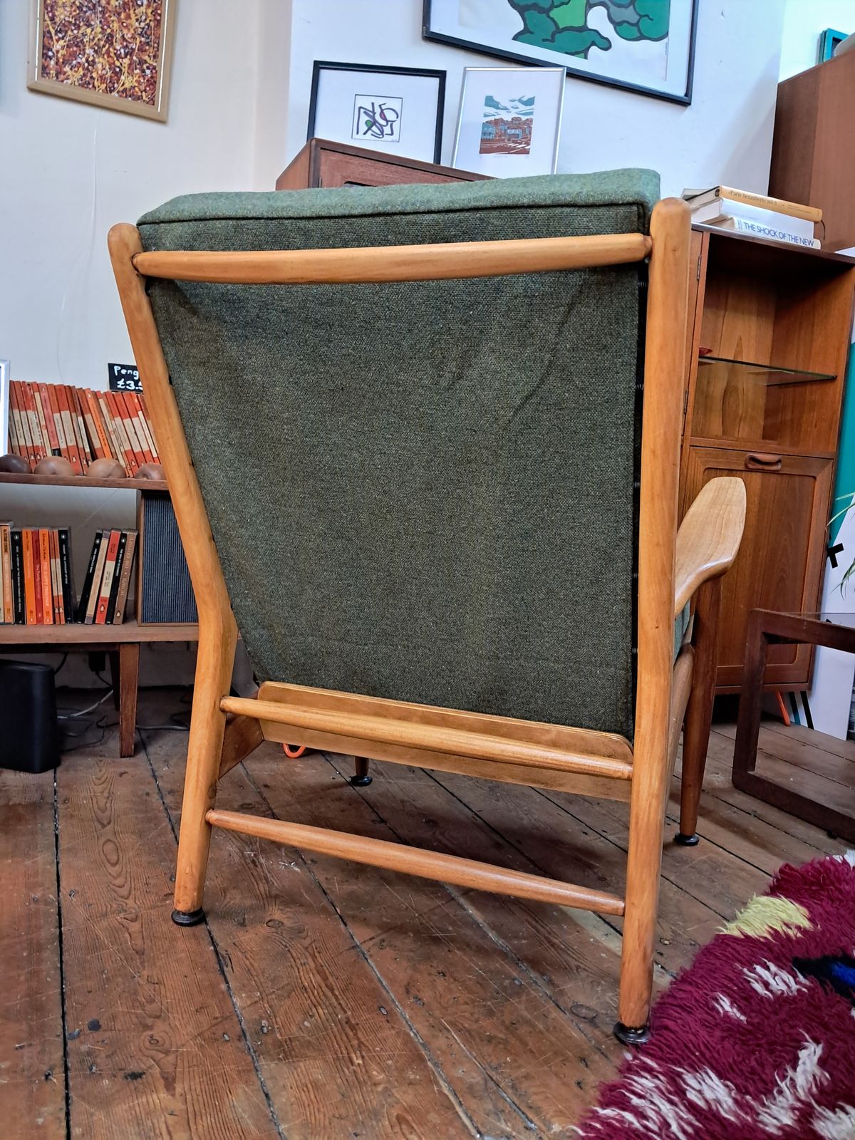 A Lovingly Restored Scandart Armchair In Elm And Beech, Reupholstered In Soothing Green Tweed photo vinterior