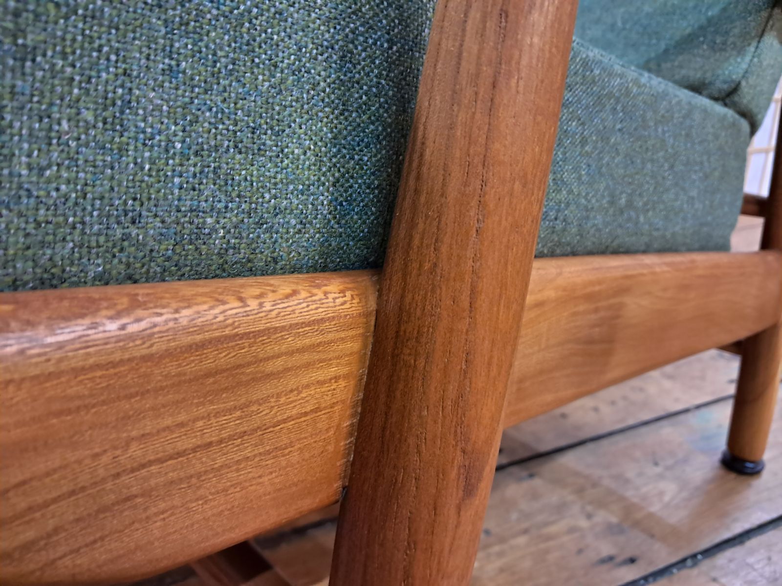 A Lovingly Restored Scandart Armchair In Elm And Beech, Reupholstered In Soothing Green Tweed photo vintage