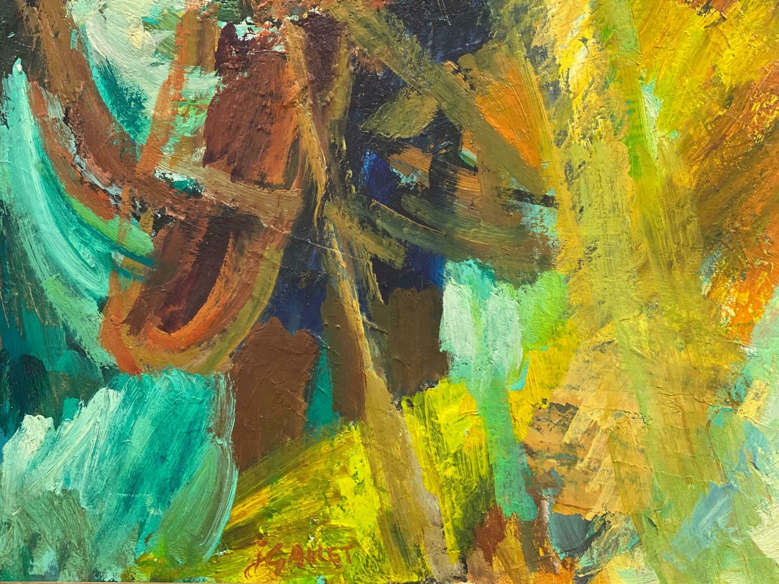 Jostne Gallet1960's French Expressionist Abstract Painting Blur Of Orange Green & Brown Color1965 photo 972.0