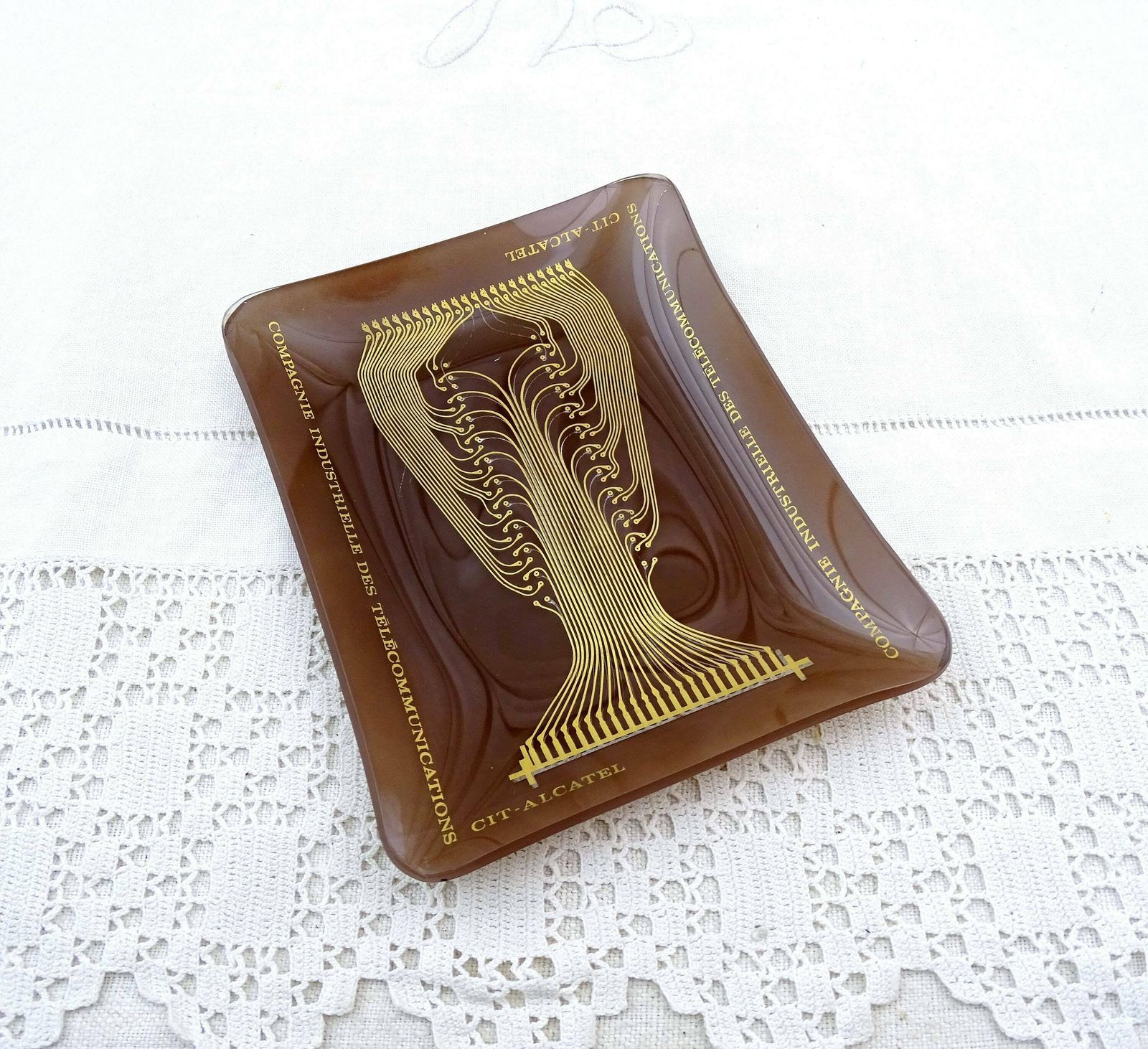 Vintage Mid Century Promotionele Asbak Van Alcatel, Bedrukt Glas Met Printplaatontwerp, Vide Poche, Retro, Vroeg Circuitboard, Geek Cadeau