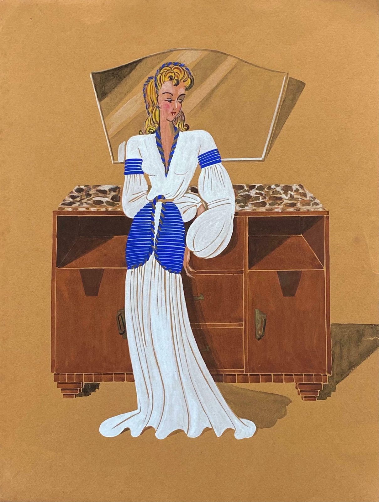 Geneviève Thomas1940's Fashion Illustration   Stylish Blonde Lady In White Dressc. 1940's