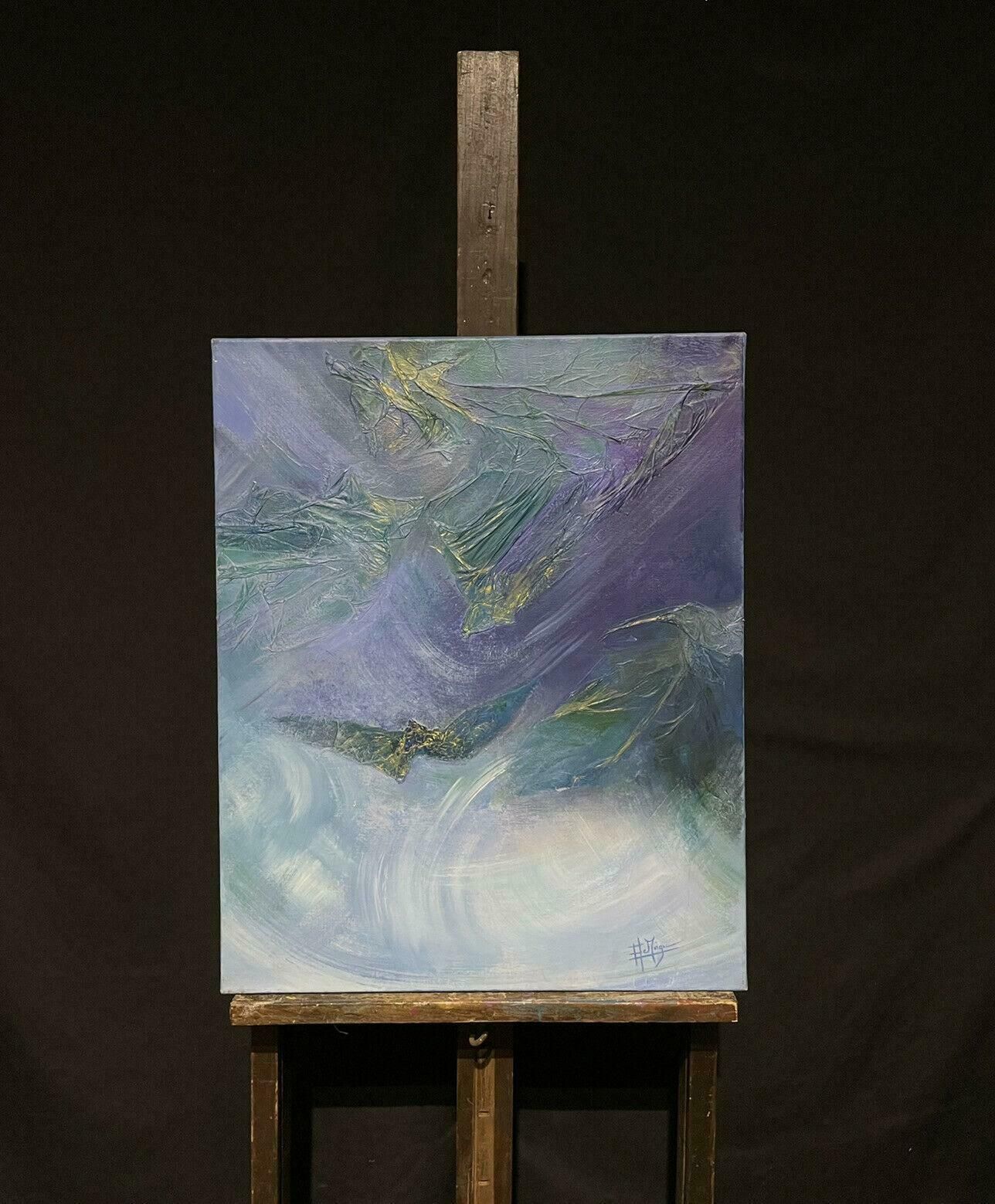 French Schoollarge French Contemporary Abstract Painting Teal Blue & Silvery Green Colors photo furniture