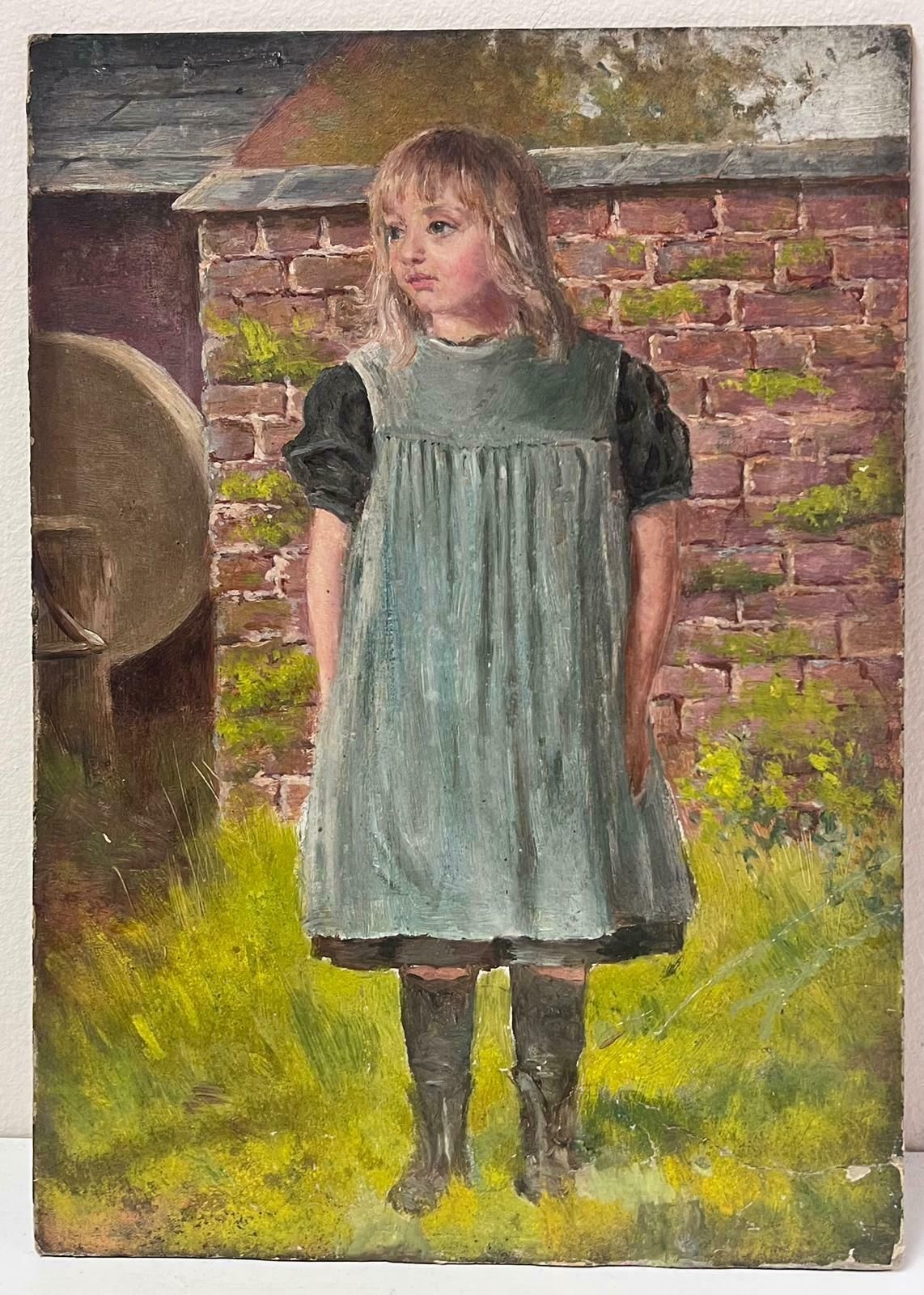 Antique English Victorian English Oil Painting Young Girl In Dress Standing In Village Garden photo furniture