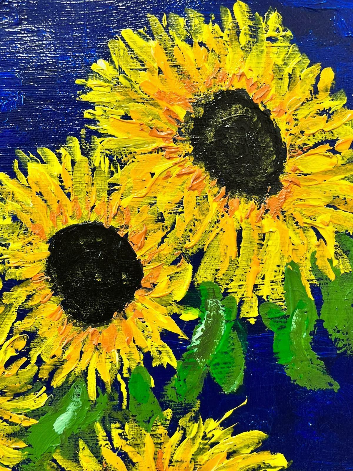 Contemporary British Sunflowers In Vase Blue Background Colourful Modern British Oil Painting photo for sale