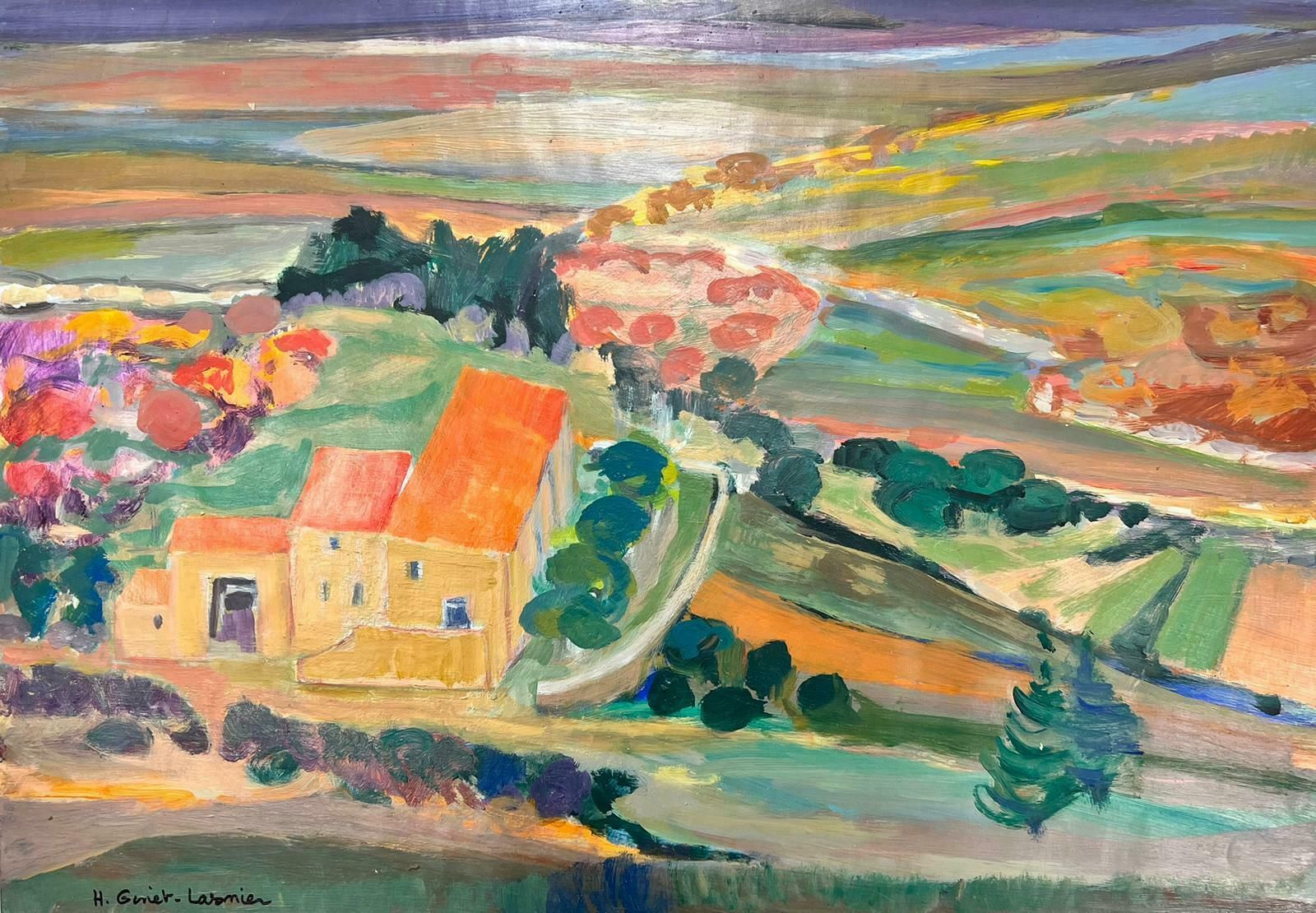 Huguette Ginet Lasnier French Modernist Vibrant Provence Landscape With Orange Roof Houses, Signed Oil C. 2000's