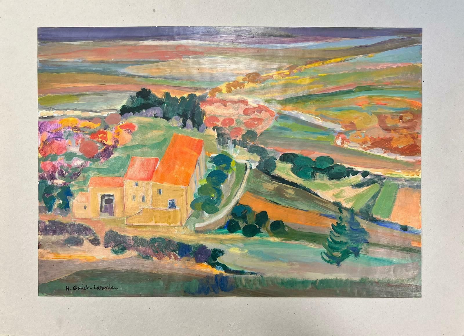 Huguette Ginet Lasnier French Modernist Vibrant Provence Landscape With Orange Roof Houses, Signed Oil C. 2000's photo furniture