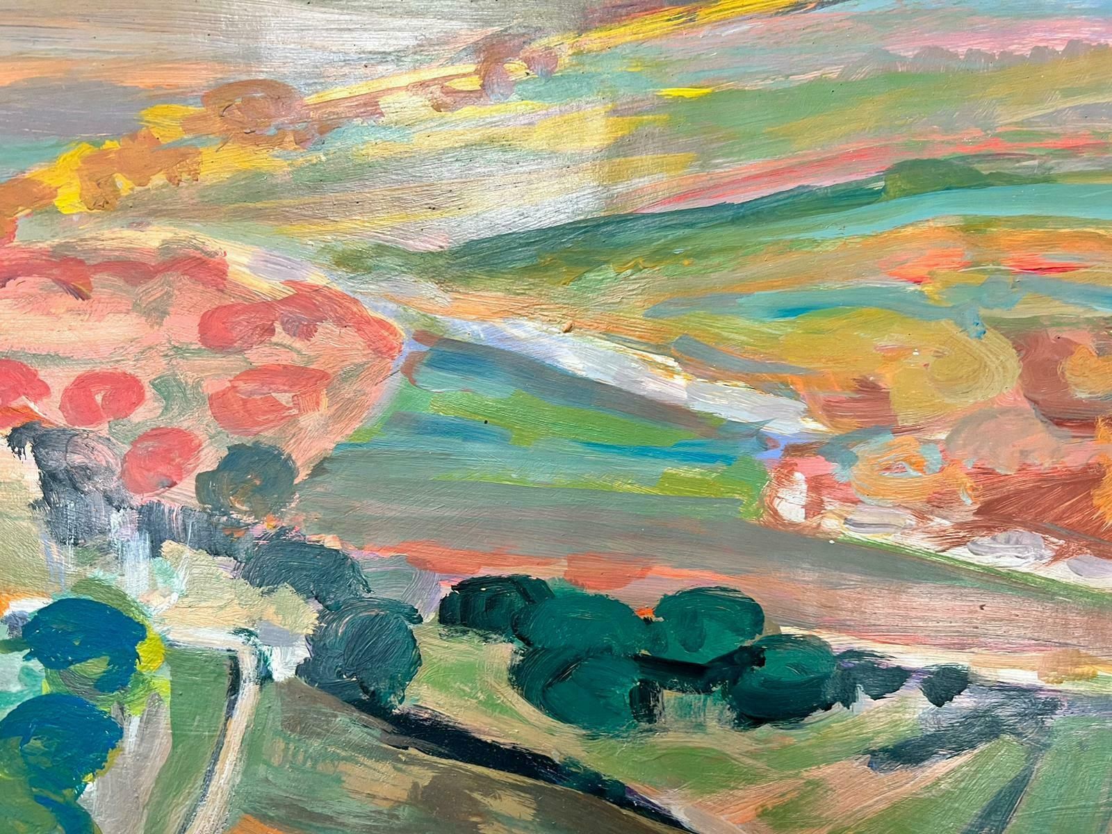Huguette Ginet Lasnier French Modernist Vibrant Provence Landscape With Orange Roof Houses, Signed Oil C. 2000's photo 972.0
