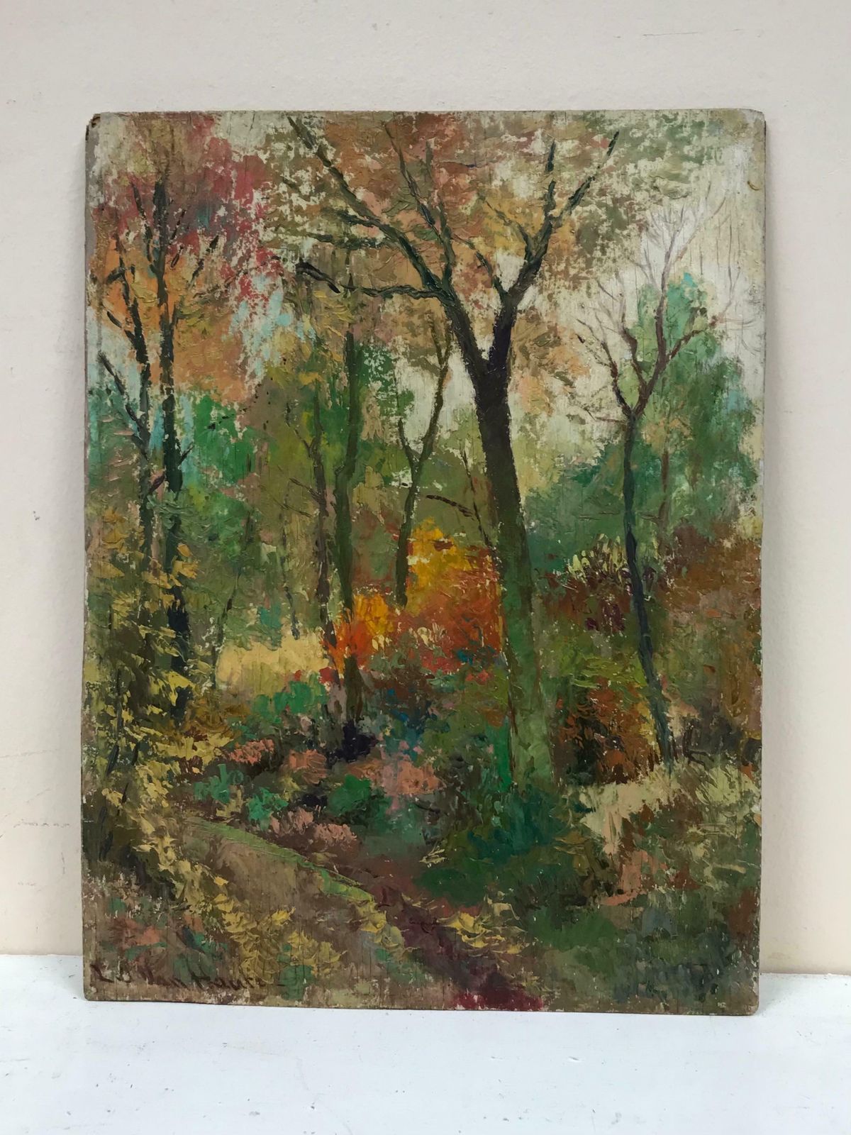 French Schoolantique French Impressionist Signed Oil Autumnal Woodland Pathway photo furniture