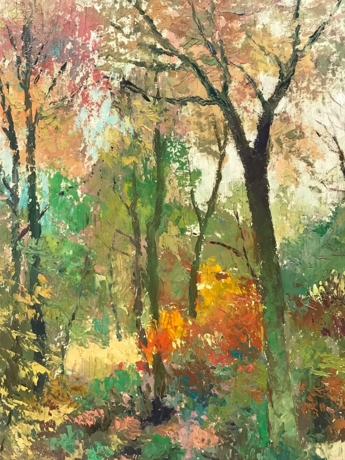 French Schoolantique French Impressionist Signed Oil Autumnal Woodland Pathway photo vinterior