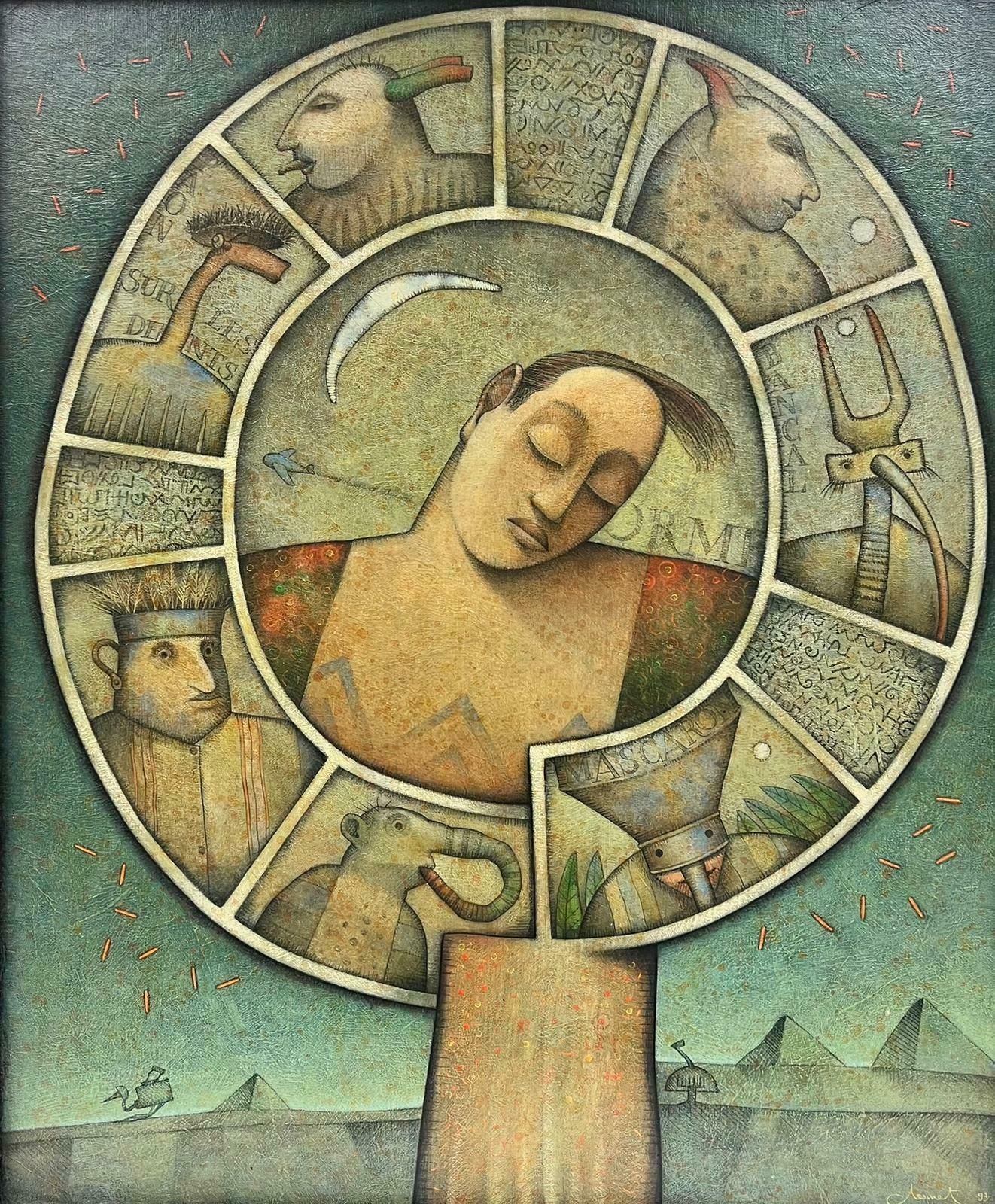 French School1990's French Surrealist Signed Painting Figurative Fantasy Circular Themed 1993