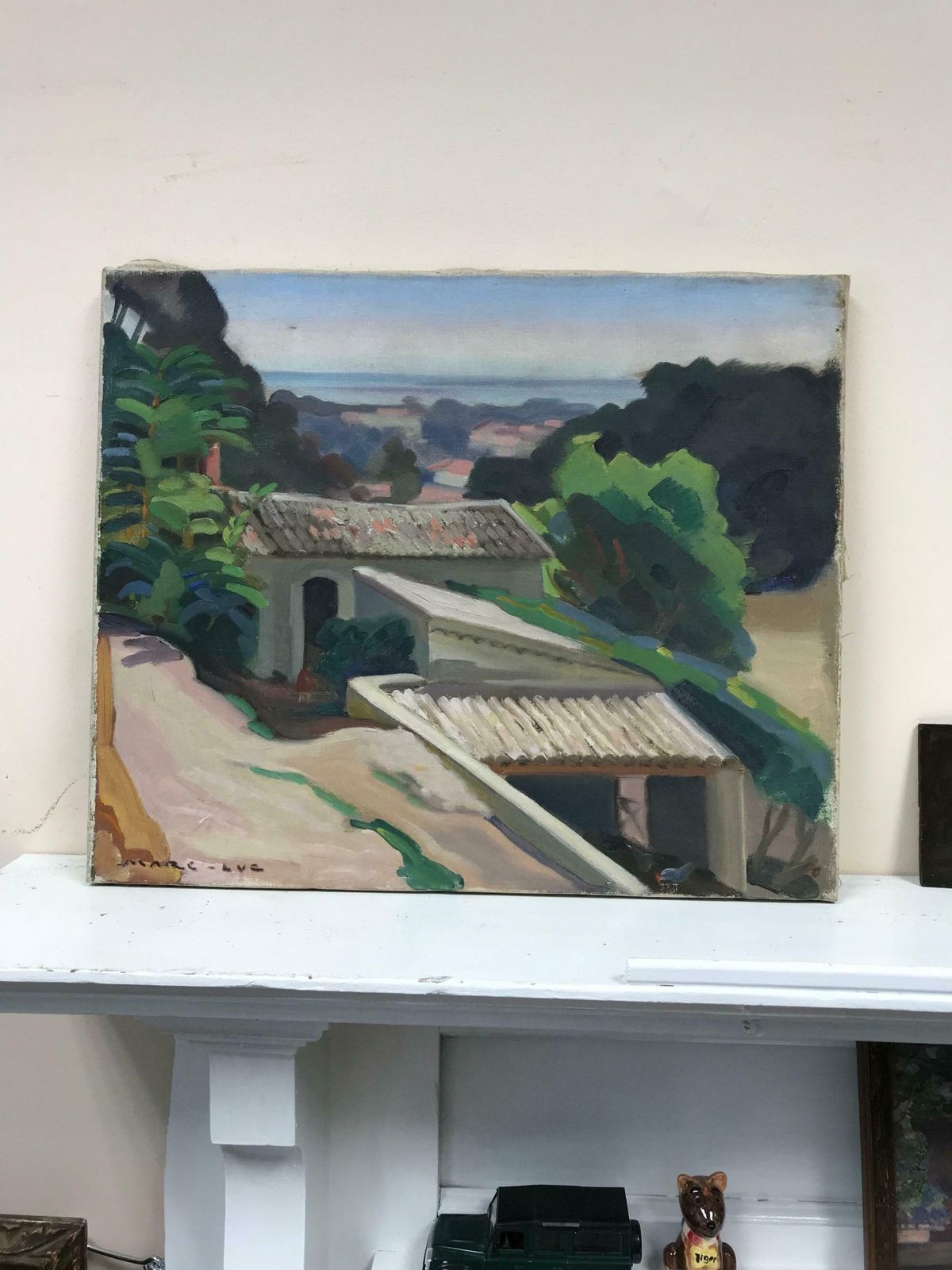 French School1930s French Post Impressionist Oil Painting   Pink Rooftops Over Provence Coast photo furniture