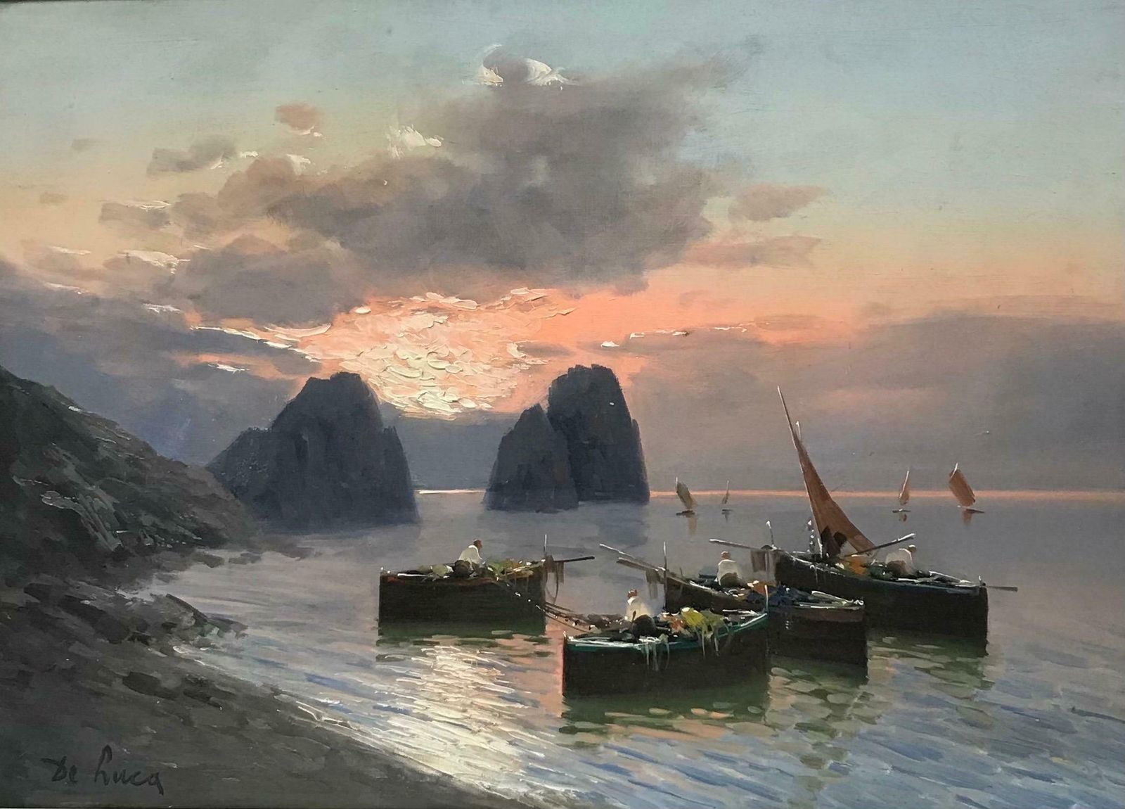 Mid Century Italianfishing Boats At Sunset Off The Neapolitan Coastline, Large Signed Oil Painting