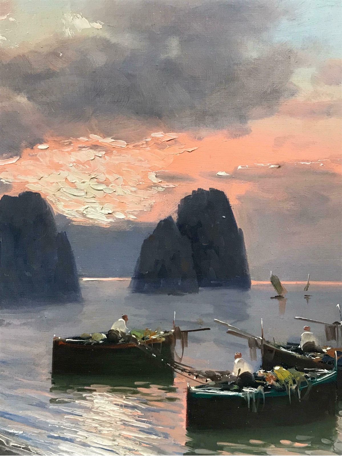 Mid Century Italianfishing Boats At Sunset Off The Neapolitan Coastline, Large Signed Oil Painting photo vinterior