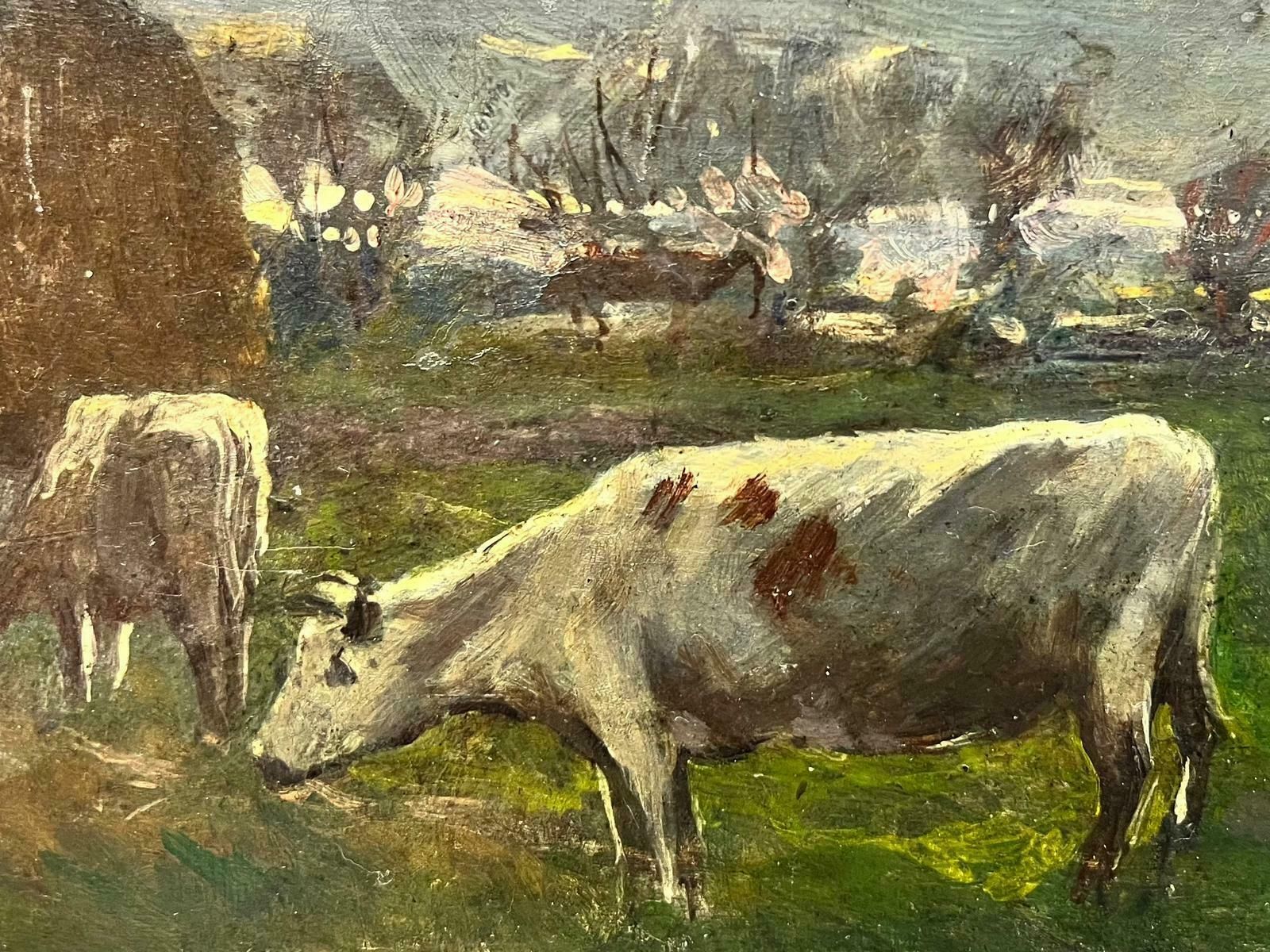 Antique English Antique Victorian English Oil Cow's Munching photo for sale
