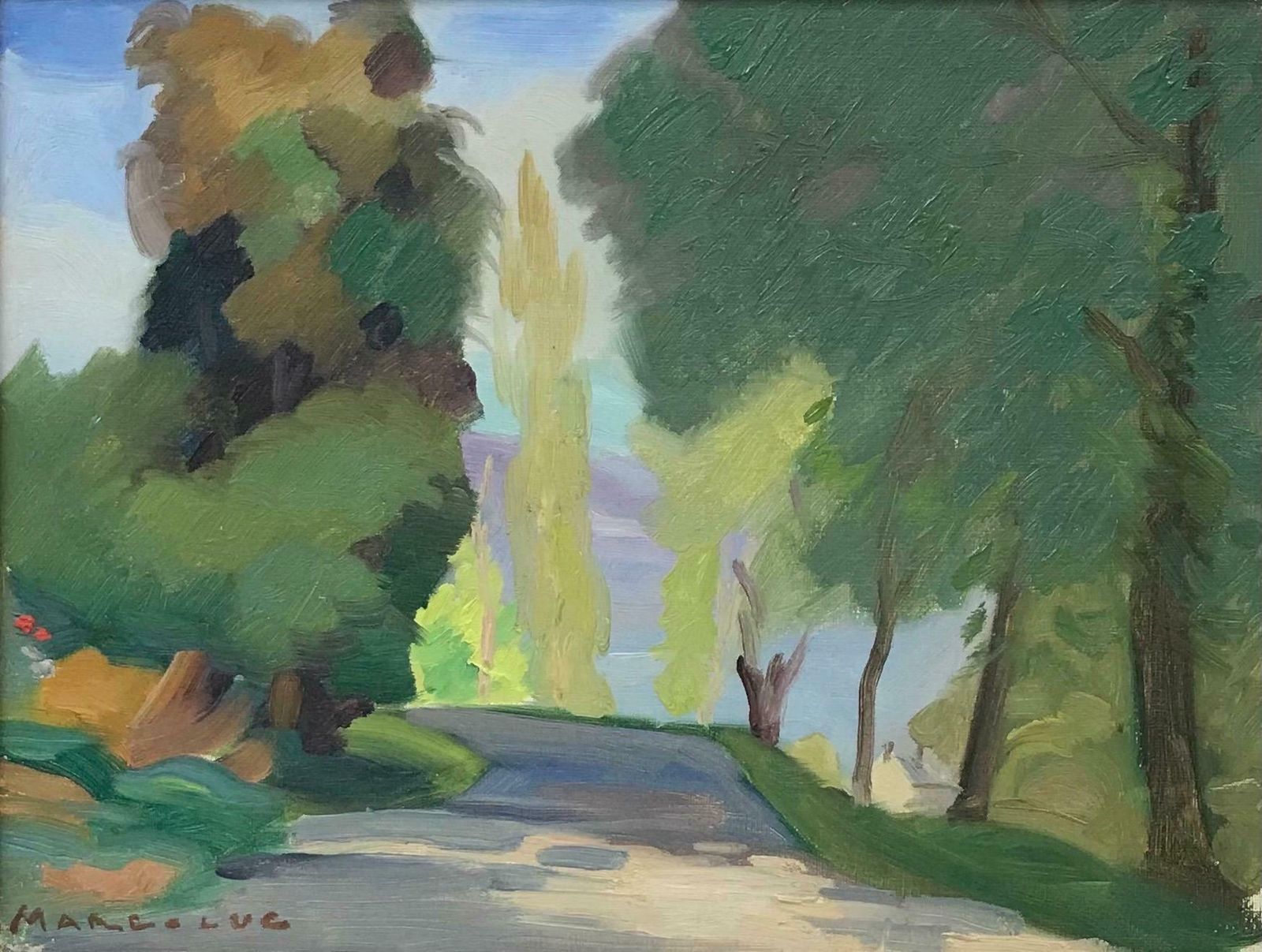 20th Century French School1950's French Modernist Signed Oil, Golden Green Landscape Woodland Pathway
