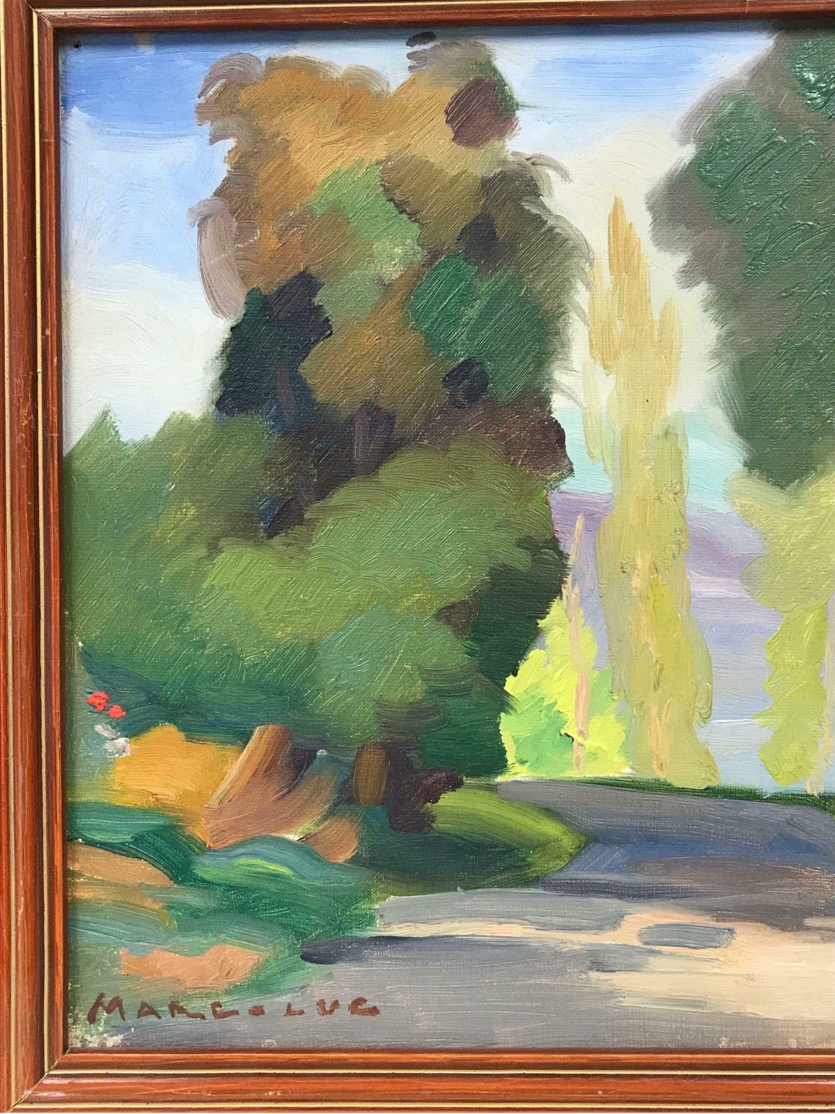 20th Century French School1950's French Modernist Signed Oil, Golden Green Landscape Woodland Pathway photo vinterior