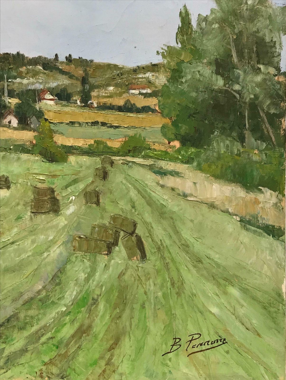 Bernard Perronehay Bales Harvest Green Fields, Large French Landscape Signed Oil Painting photo 1227.0