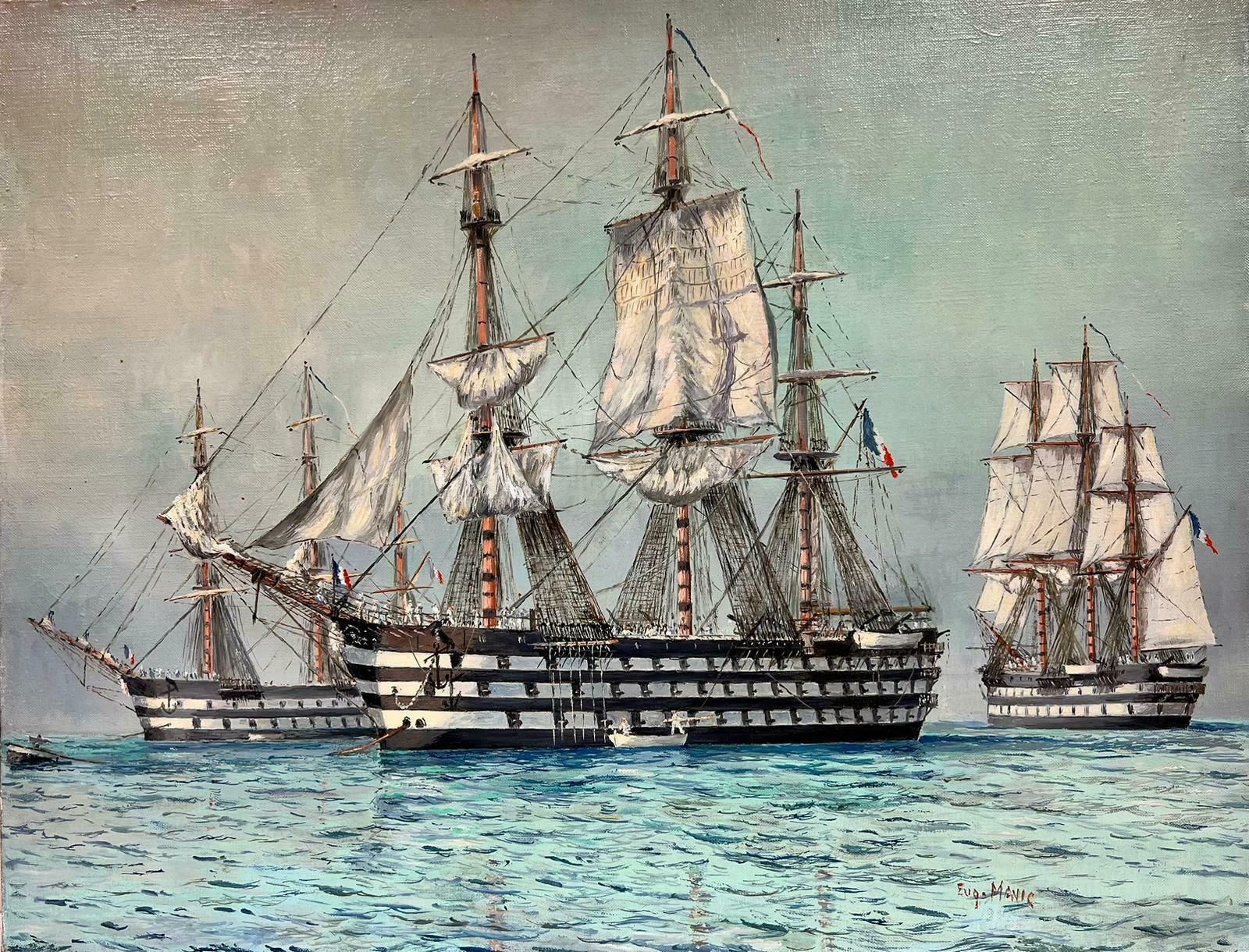 Eug.Mauviefine Napoleonic Wars Period French Tall Ships At Sea, Signed Oil On Canvas