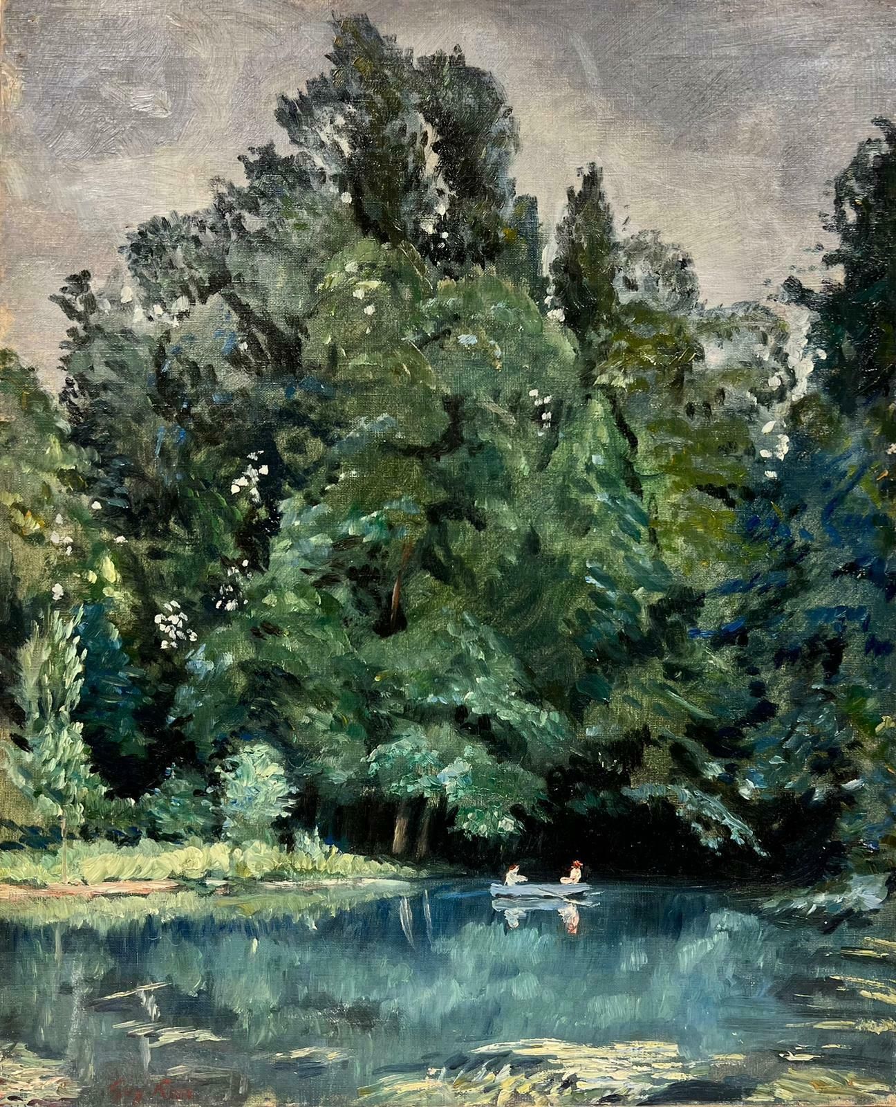 French Schoolearly 1900's French Impressionist Signed Oil Couple In Green Lake Landscape1900's