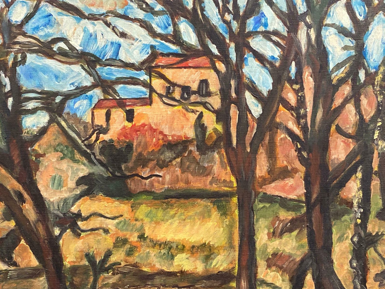 French Post Impressionistfrench Post Impressionist Oil After Cezanne Houses In Winter Woodland Landscape photo furniture
