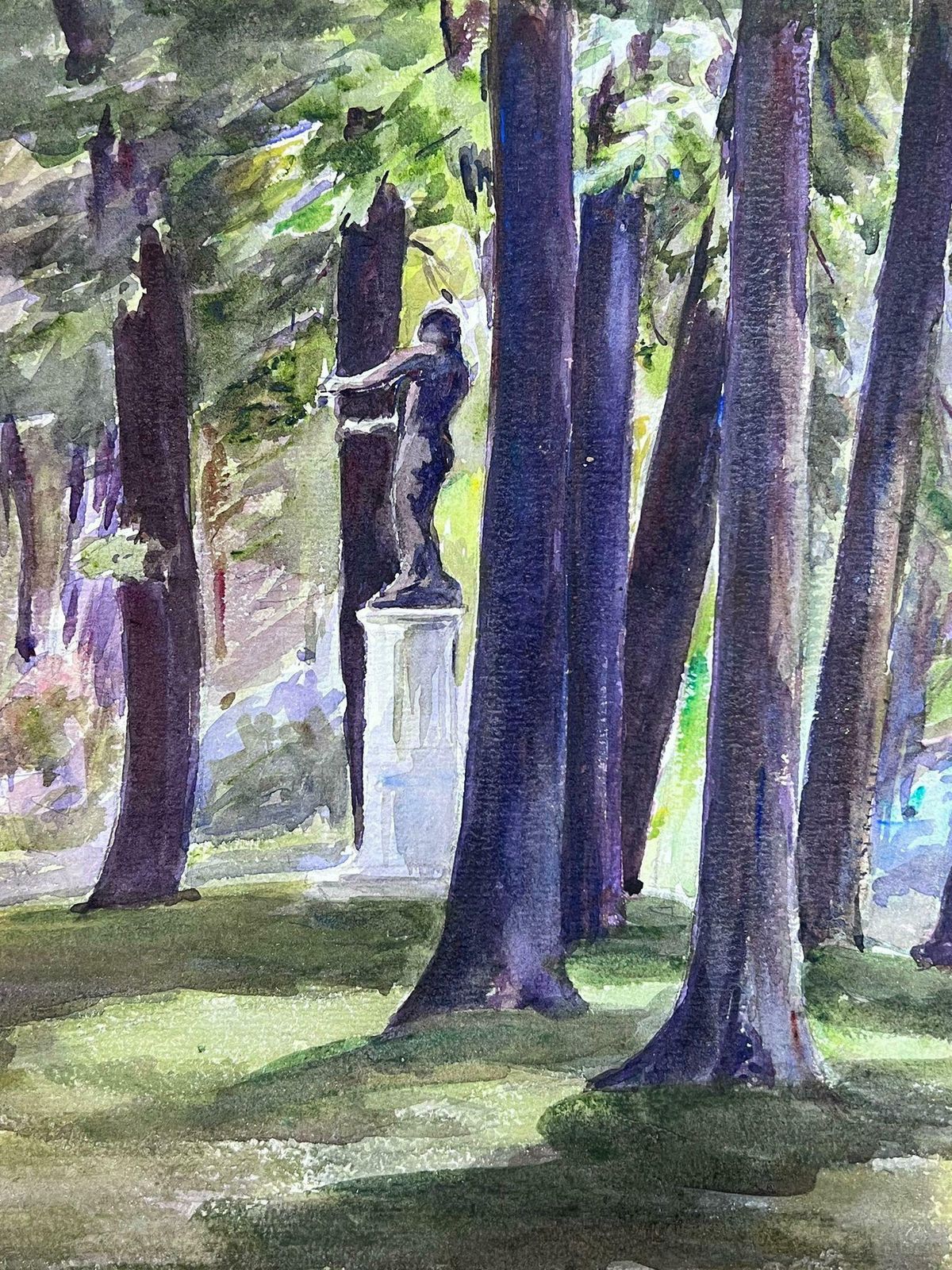 Louise Alix1930's French Watercolour Black Stone Statue In Tall Tree Forest1940's photo for sale