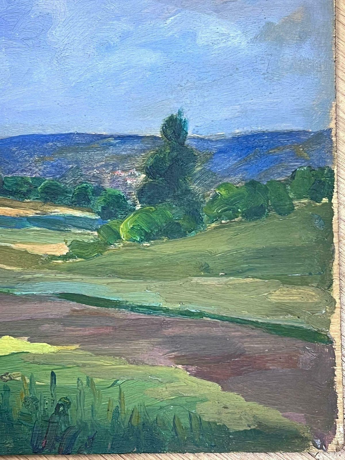Louise Alix1930's French Oil Painting Red Roof House In Green Open Fields1940's photo furniture