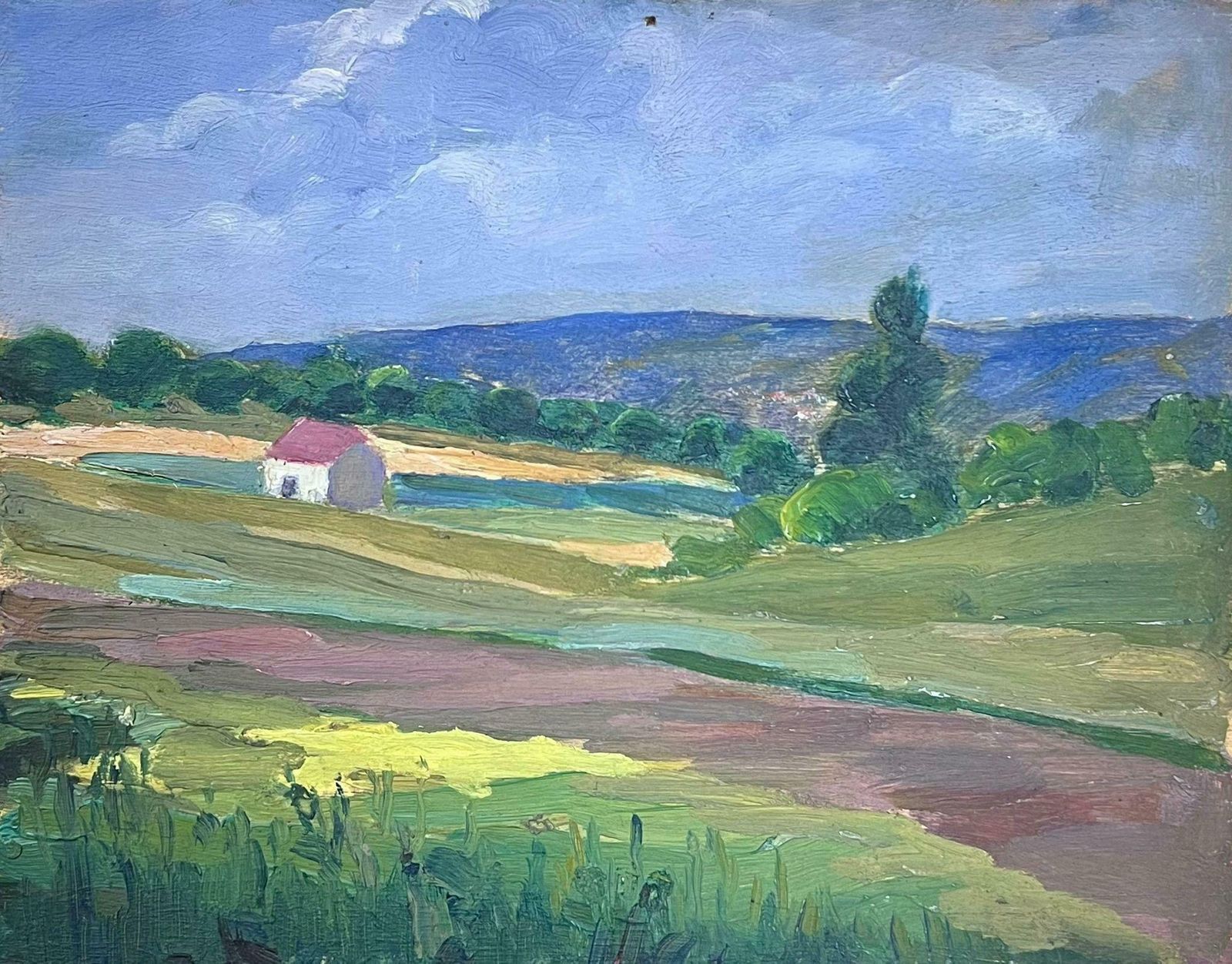 Louise Alix1930's French Oil Painting Red Roof House In Green Open Fields1940's photo Art