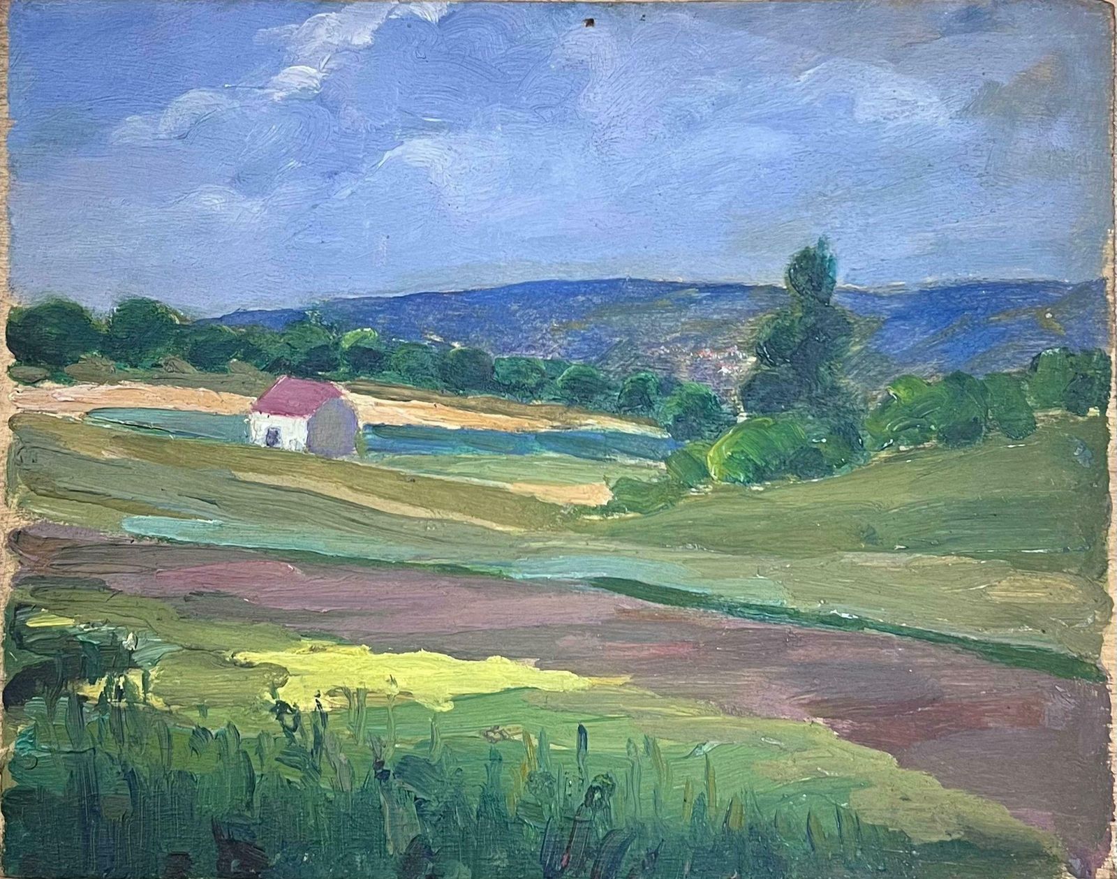 Louise Alix1930's French Oil Painting Red Roof House In Green Open Fields1940's photo 608.0